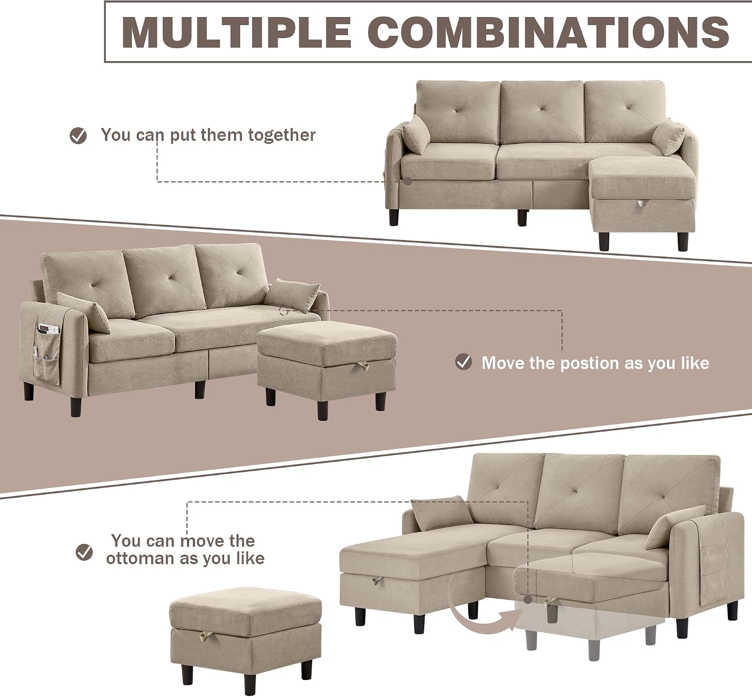 Convertible Sectional Sofa, 77' Small L Shaped 3 Seat Couch with Reversible Storage Chaise, Modern Polyester Fabric Sofa Couches for Living Room, Apartment and Small Space, Beige
