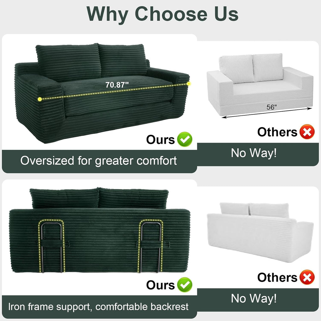 GNIXUU Corduroy Cloud Loveseat Sofa, 2 in 1 Convertible Sleeper Sofa with Fixed-Shape Frame, Comfy Folding Boneless Love Seat Couches for Living Room, Apartment, Small Spaces Green