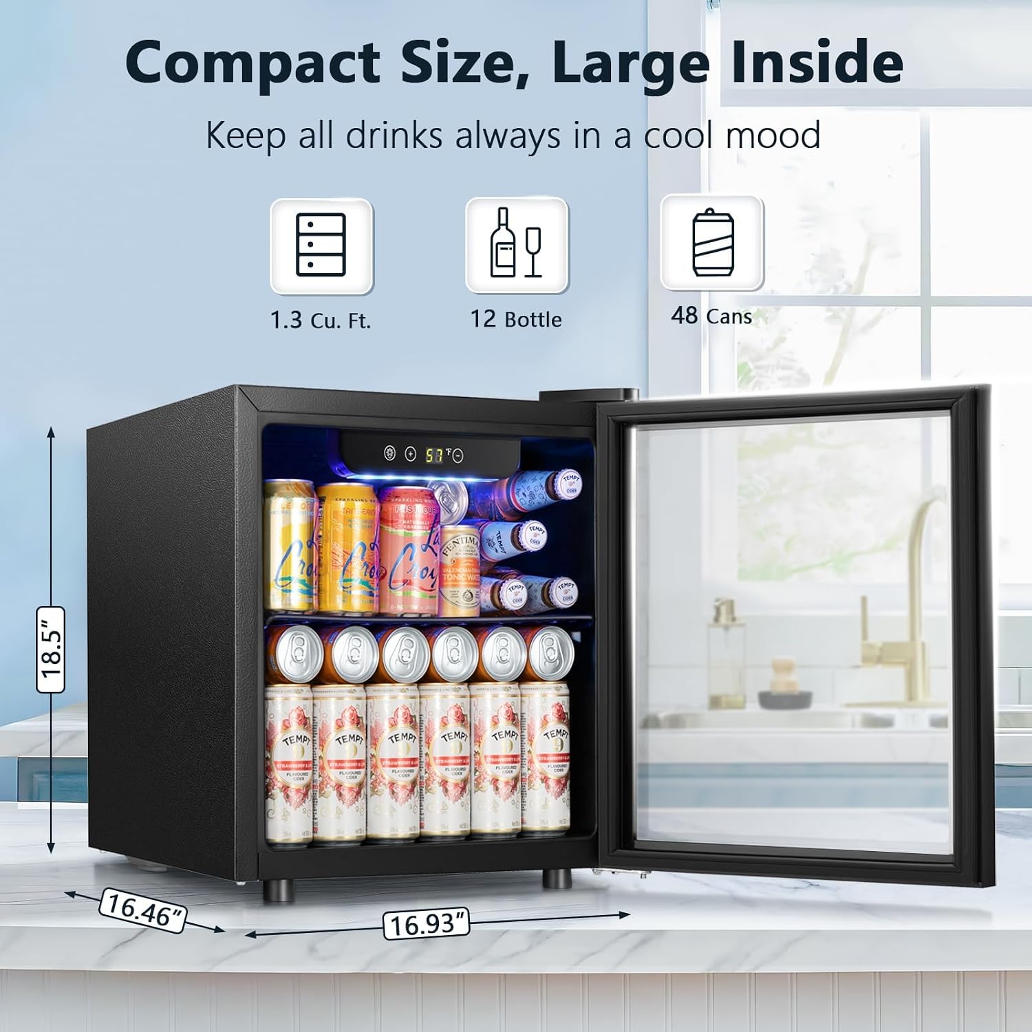 Antarctic Star 48 Can Mini Fridge Cooler - Beverage Refrigerator Black Glass Door for Beer Soda or Wine, Small Drink Dispenser Machine Electronic Temperature Control for Home, Office or Bar, 1.3cu.ft.