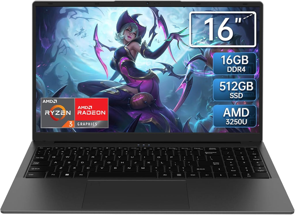 16 Inch Laptop Computer - AMD Ryzen 3 3250U Processor (2C/4T,2.6-3.5GHz), 1920×1200 FHD IPS Display, 16GB RAM 512GB SSD, 1MP Webcam, Fingerprint, Backlit Keyboard, Laptops for Business Student, Gray