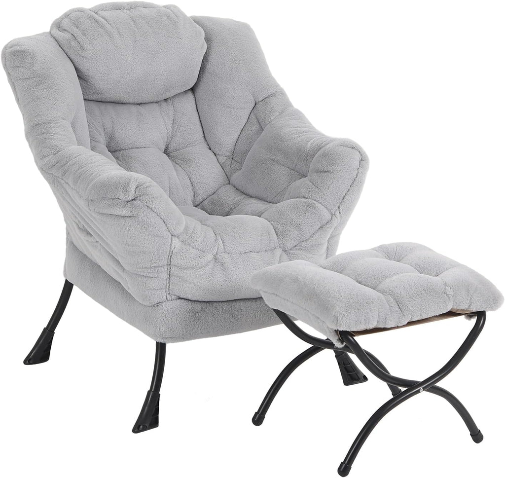 Furlide Lazy Chair with Ottoman, Modern Accent Chair with Armrests and a Side Pocket, Plush Grey Accent Chairs, Reading Chairs, Oversized Armchairs for Bedroom, Study, Living Room, Courtyard