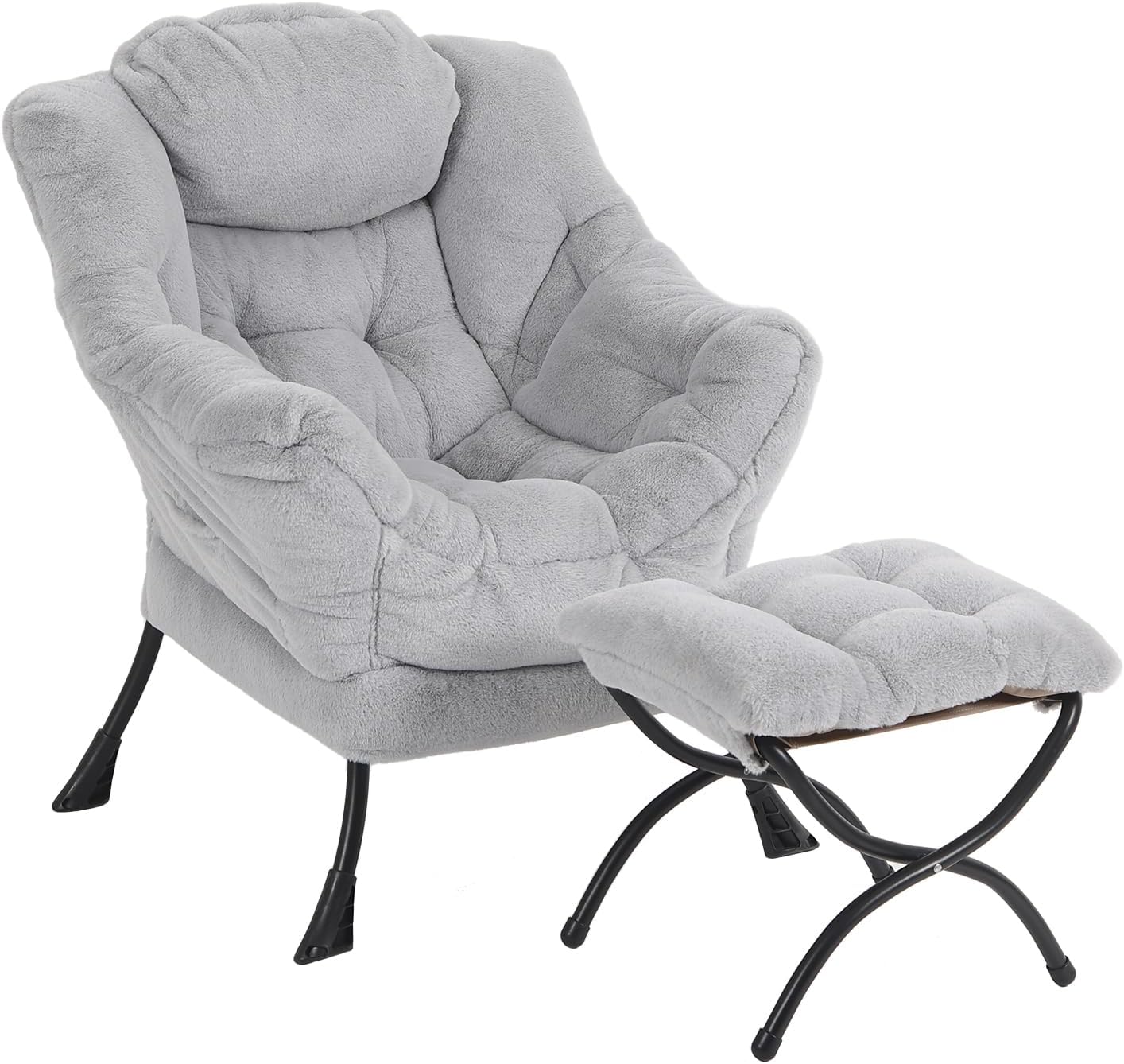 Furlide Lazy Chair with Ottoman, Modern Accent Chair with Armrests and a Side Pocket, Plush Grey Accent Chairs, Reading Chairs, Oversized Armchairs for Bedroom, Study, Living Room, Courtyard