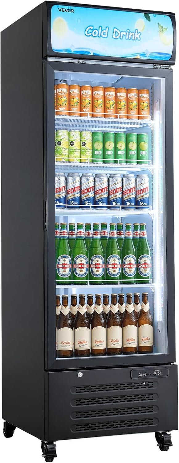 VEVOR Commercial Merchandiser Refrigerator, 15.9 Cu.Ft / 450 L Glass Door Display Refrigerator, Upright Beverage Cooler with Customizable Lightbox, 4 Adjustable Shelves & Soft LED Light for Home Shops