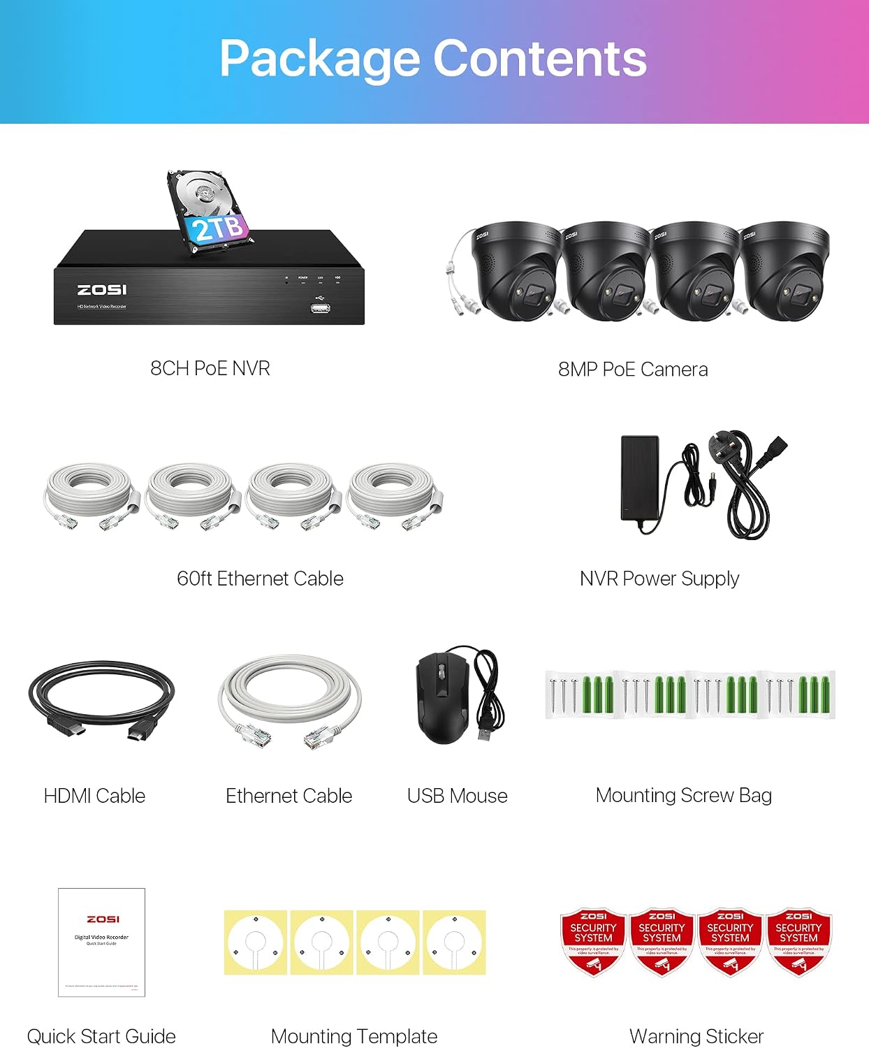 ZOSI 4K PoE Security Camera System,2 Way Audio,8 Ports 16CH 8MP/4K NVR with 2TB HDD,4pcs 8MP Outdoor Indoor PoE IP Cameras,Person Vehicle Detection,Spotlight Color Night Vision,for 24/7 Recording