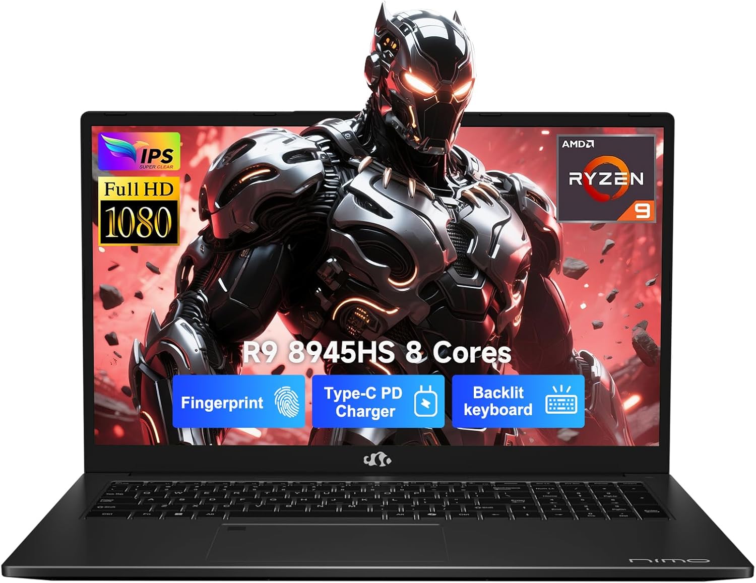 NIMO 17.3 Gaming-Laptop Ryzen 9 8945HS (Beat i9-13900H, Up to 5.2GHz) 16GB RAM, 512GB SSD, Radeon 780M, PD 100W Type-C AI-Enhanced for Copilot VR Ready, Backlit Keyboard, Fingerprint