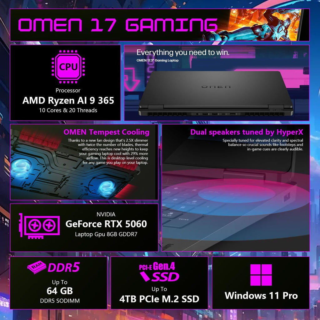 HP OMEN 17 5060 Ryzen AI 9 Gaming Laptop, AMD Ryzen AI 9 365, RTX 5060, 17.3' FHD IPS 144Hz 100% sRGB, 32GB DDR5, 1TB SSD, RGB Backlit KB, Low Blue Light, HDMI, Windows 11 Home, Bundle 7 in-1 T-Hub