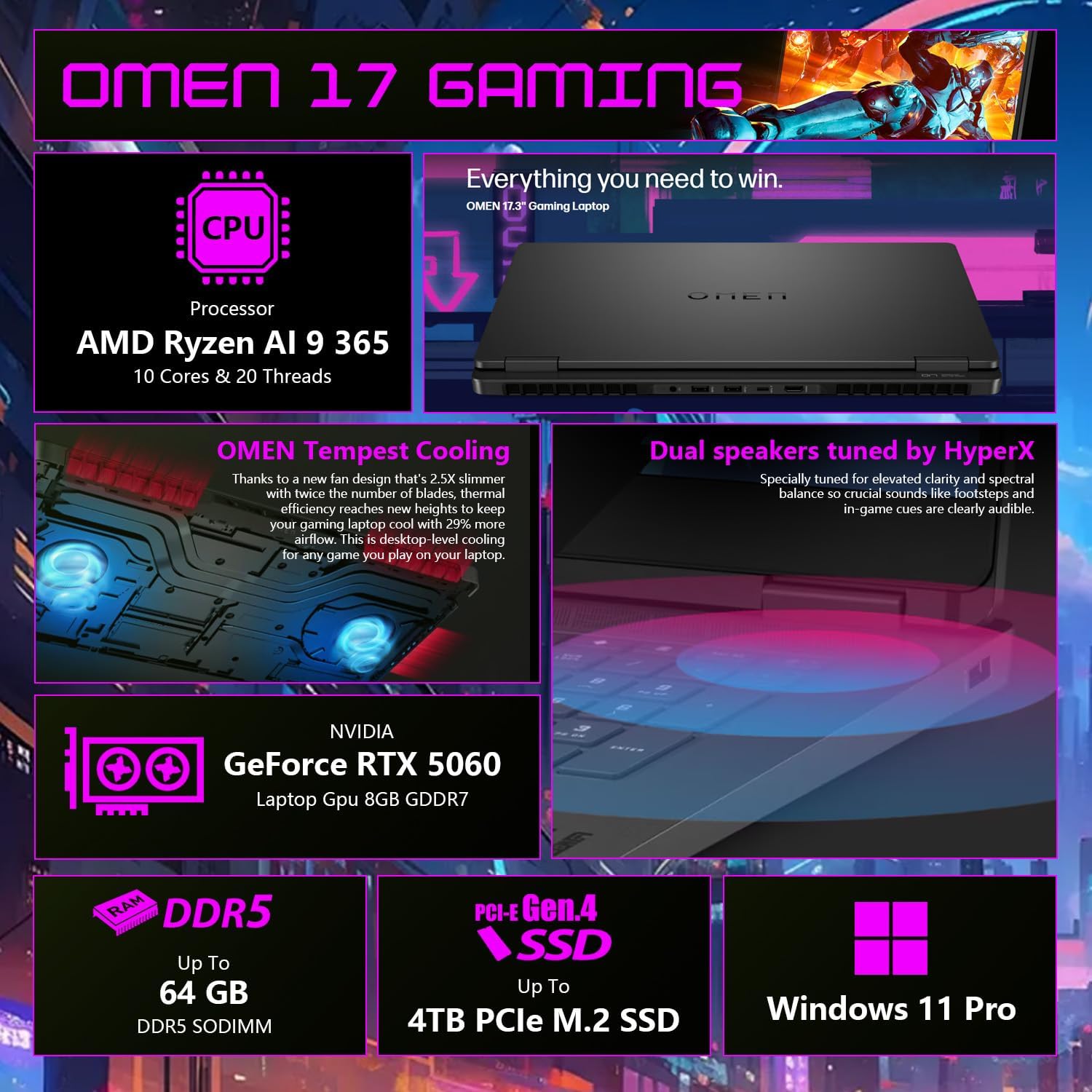 HP OMEN 17 5060 Ryzen AI 9 Gaming Laptop, AMD Ryzen AI 9 365, RTX 5060, 17.3' FHD IPS 144Hz 100% sRGB, 32GB DDR5, 1TB SSD, RGB Backlit KB, Low Blue Light, HDMI, Windows 11 Home, Bundle 7 in-1 T-Hub