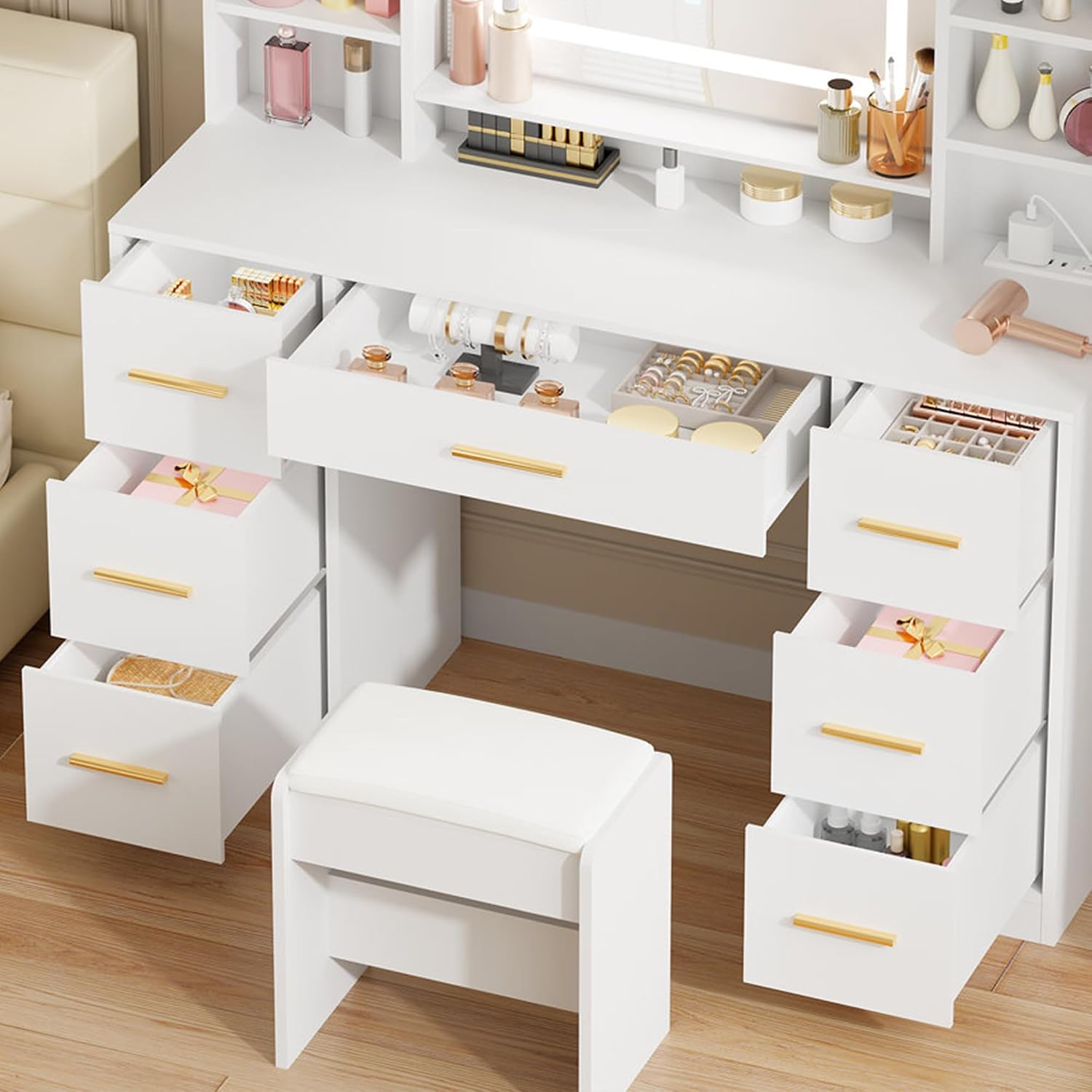 ANWBROAD Vanity Desk Table with Lighted Mirror 39.4' Girls Makeup Vanity with Power Outlet 3 Colors Lighting Adjustable Brightness Vanity Table for Women Bedroom Dressing Room White UBDT65W