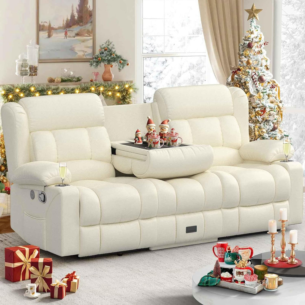 Dresegmt Loveseat Recliner Sofa, Flip Middle Backrest Design PU Leather 3 Seat Reclining Sofa with Storage Drawer, Manual Couch for Living Room (Ivory White, PU)