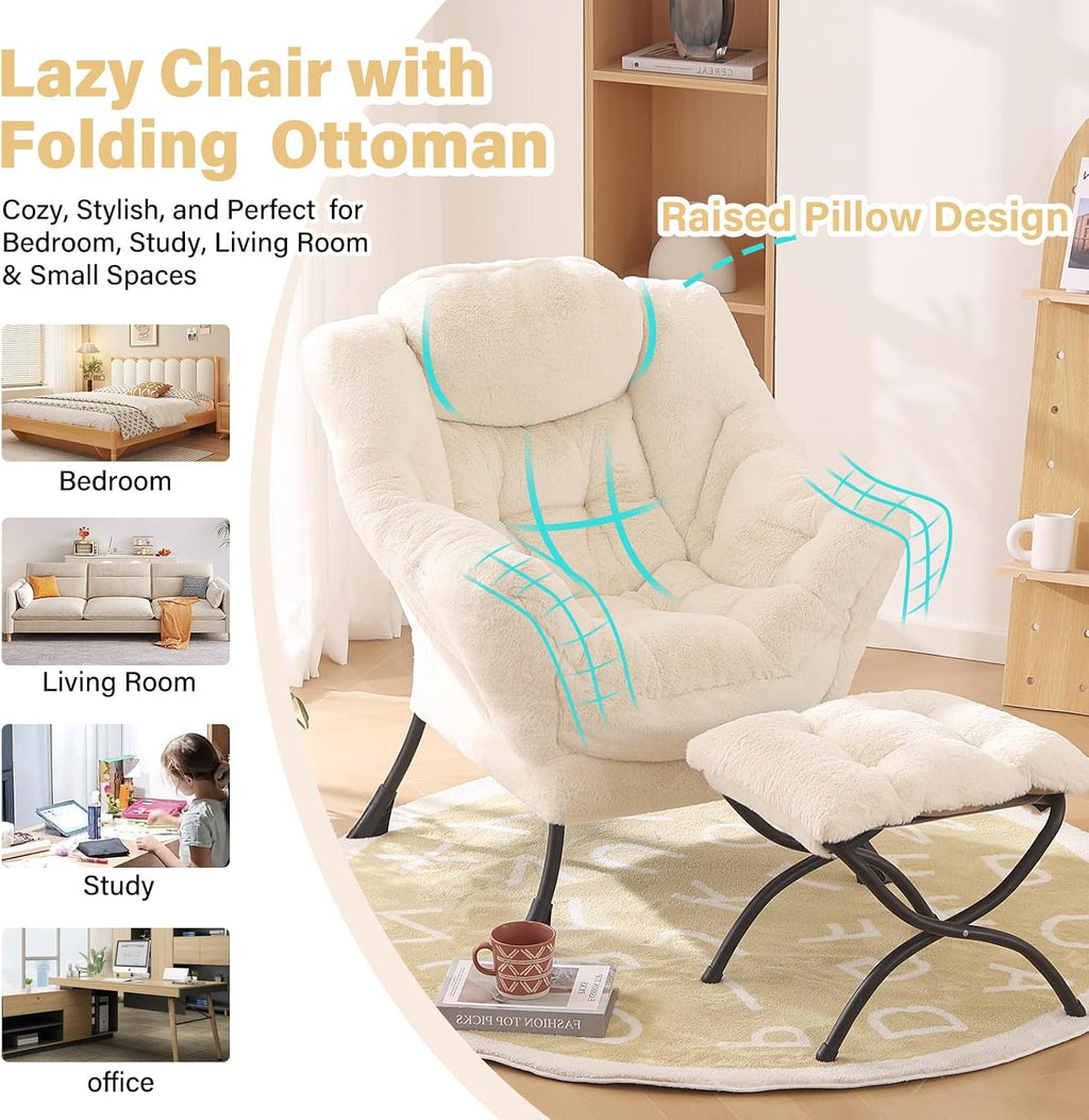 Furlide Lazy Chair with Ottoman, Modern Accent Chair with Armrests and a Side Pocket, Plush Beige Accent Chairs, Reading Chairs, Oversized Armchairs for Bedroom, Study, Living Room, Courtyard