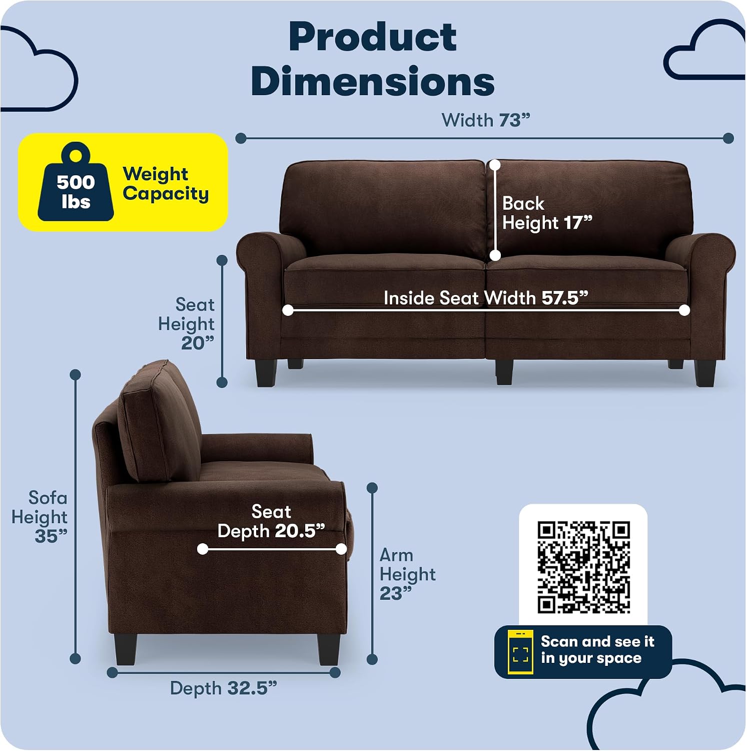 Serta Copenhagen 73' Rolled Arm Sofa, Easy Care Polyester, Soft Pillow Back, Pocket Coil Seat Cushions, Removable Covers, Loveseat or Couch for Small Spaces, Living Rooms or Bedrooms, Brown