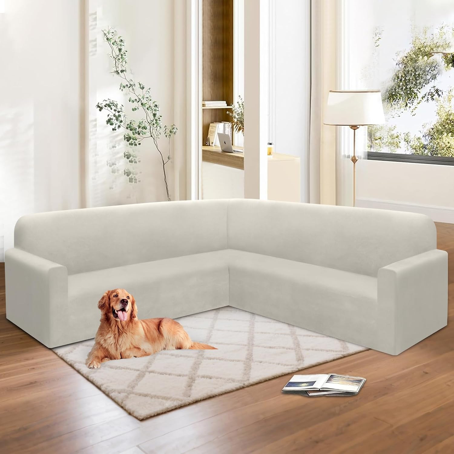 HDCAXKJ Corner Sectional Couch Covers Velvet Stretch L Shape Sofa Cover Soft Thick Sectional Slipcovers U Shaped Living Room Non Slip Magic Furniture Protector for Pet Dogs (Air Gray, Large)