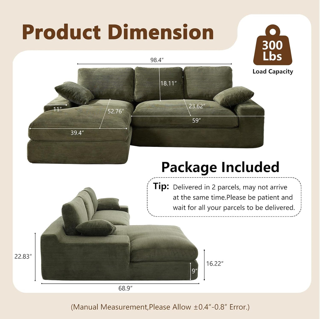 98.4' Green Sectional Sofa Cloud Modular Sectional Couch with Chaise,Corduroy Sectional Couches L-Shaped Modern Upholstered Sofa with Deep Seat for Living Room and Bedroom,No Assembly Required(Green)