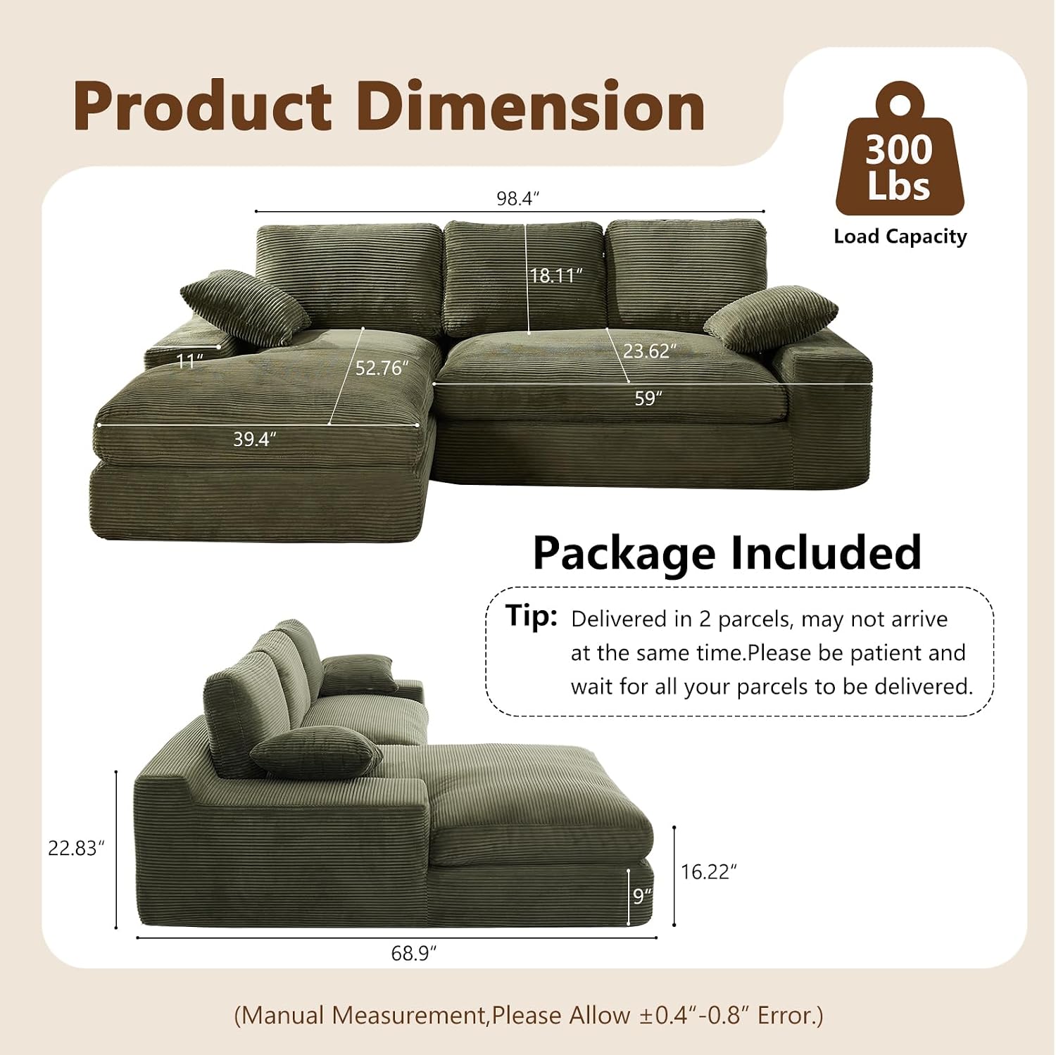 98.4' Green Sectional Sofa Cloud Modular Sectional Couch with Chaise,Corduroy Sectional Couches L-Shaped Modern Upholstered Sofa with Deep Seat for Living Room and Bedroom,No Assembly Required(Green)
