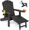 ZHUSI Folding Adjustable Adirondack Chair with Retractable Ottoman, Adirondack Chair with 2 Cup Holders, Outdoor Chairs for Porch Patio Lawn Balcony Weather Resistant (Black, 1 pcs)