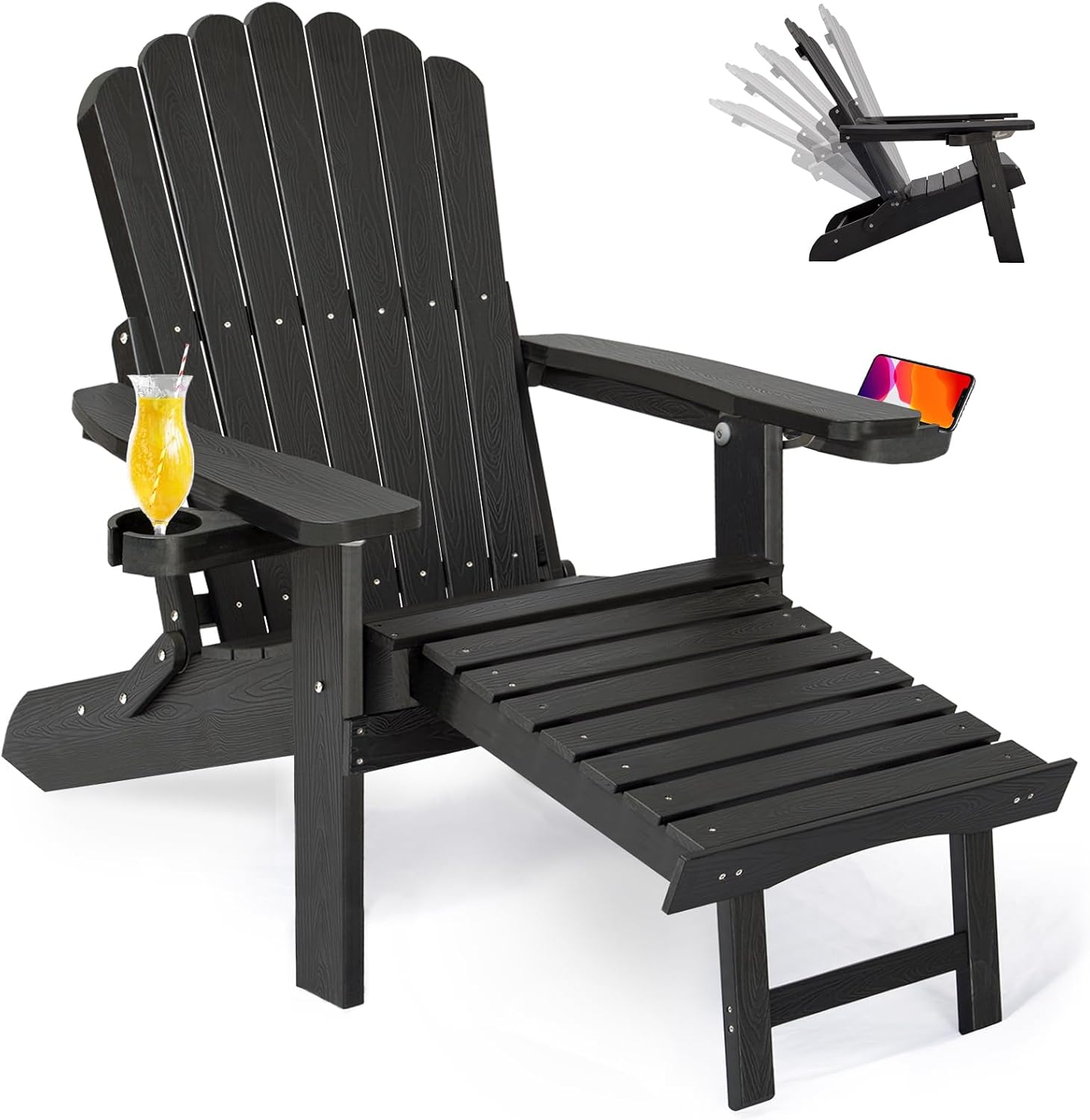 ZHUSI Folding Adjustable Adirondack Chair with Retractable Ottoman, Adirondack Chair with 2 Cup Holders, Outdoor Chairs for Porch Patio Lawn Balcony Weather Resistant (Black, 1 pcs)