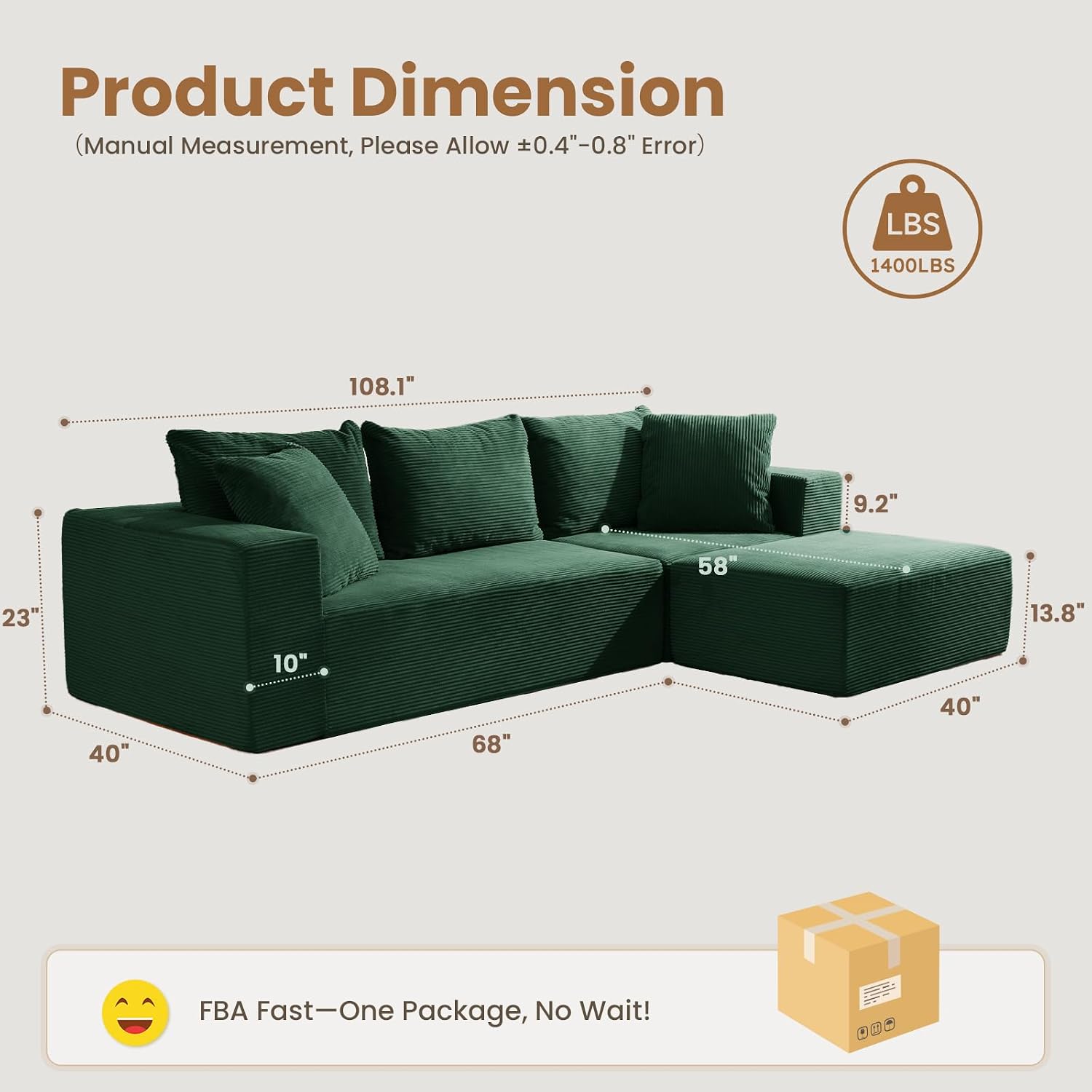 108' L-Shaped Boneless Couch, Modular Sectional Sofa with Moveable Ottoman, Corduroy Cloud Couches for Living Room, No Assembly, Ship in a Box, Green