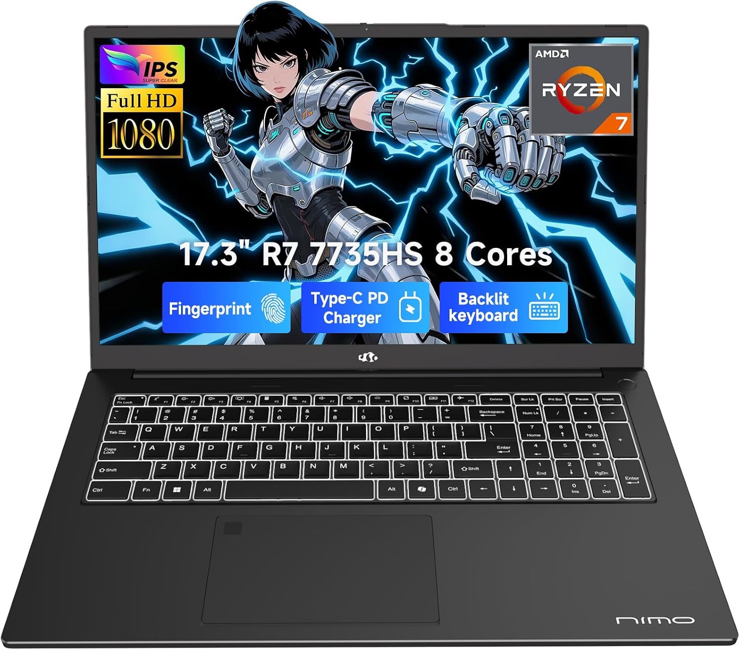 NIMO 17.3' Gaming-Laptop, AMD Ryzen 7 7735HS (8C/16T, Beats i7-12650H) 16GB DDR5 RAM 1TB SSD Computer with Radeon 680M, 100W Type-C Charger, Wi-Fi 6E, 75Wh Battery, Fingerprint, Backlit Keyboard
