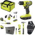 Buho Household Tool Kit Accessory Bundle - Ryobi 18V Cordless Drill Driver 1.5 Ah Battery Charger Hand Tools Drill Bits Tool Bag Holster Pouch Flashlight