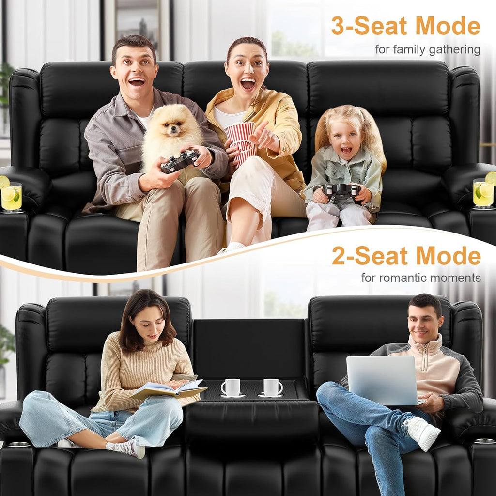 Dresegmt Loveseat Recliner Sofa, Flip Middle Backrest Design PU Leather 3 Seat Reclining Sofa with Storage Drawer, Manual Couch for Living Room/RV (Black, PU)