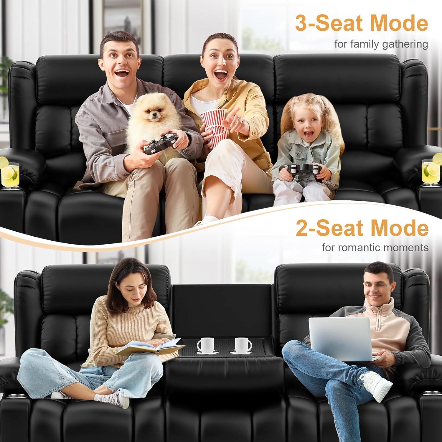 Dresegmt Loveseat Recliner Sofa, Flip Middle Backrest Design PU Leather 3 Seat Reclining Sofa with Storage Drawer, Manual Couch for Living Room/RV (Black, PU)