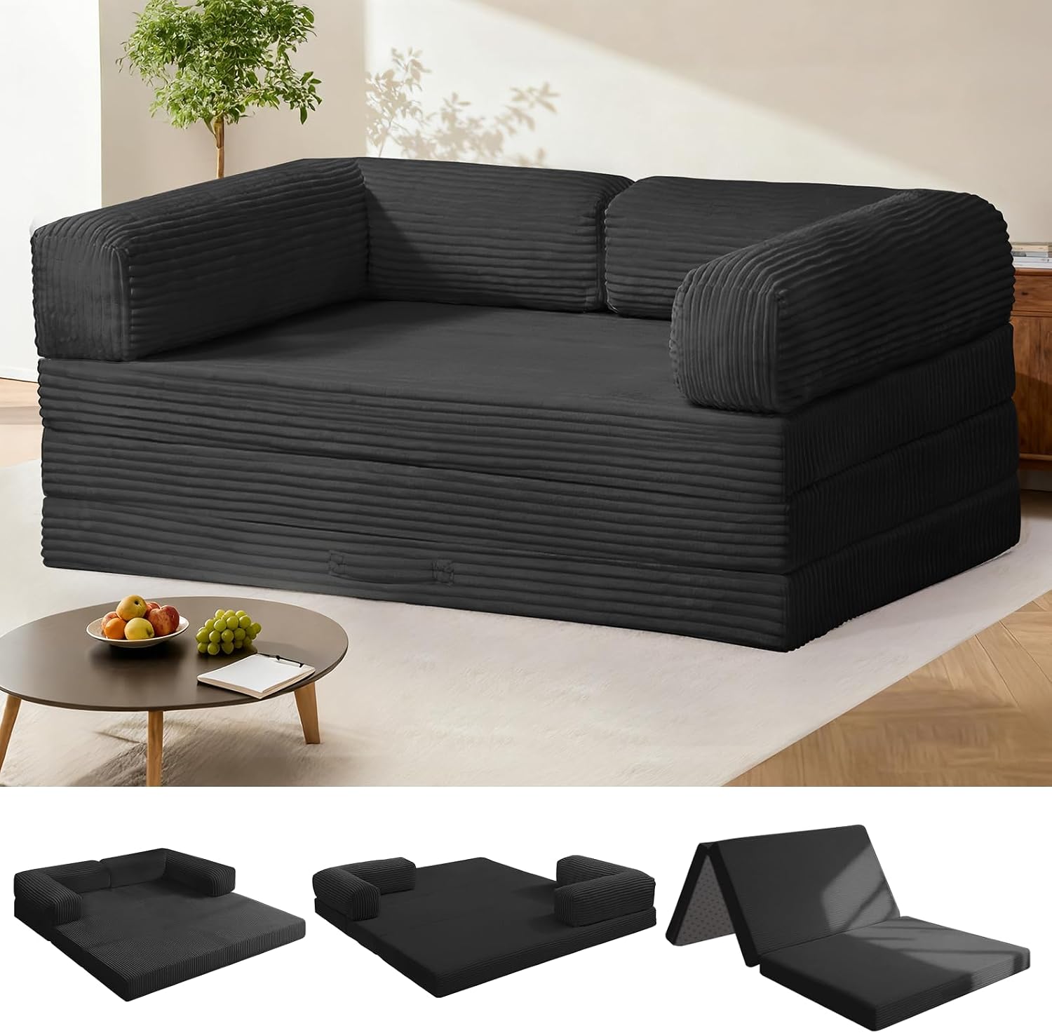 Tri-Fold Foldable Mattress, Convertible Folding Sofa Bed with Removable Arms & Washable Cover, All-in-One Portable Mattress Floor Sofa Bed, No Assembly Required & Non-Slip, Queen Size, Black