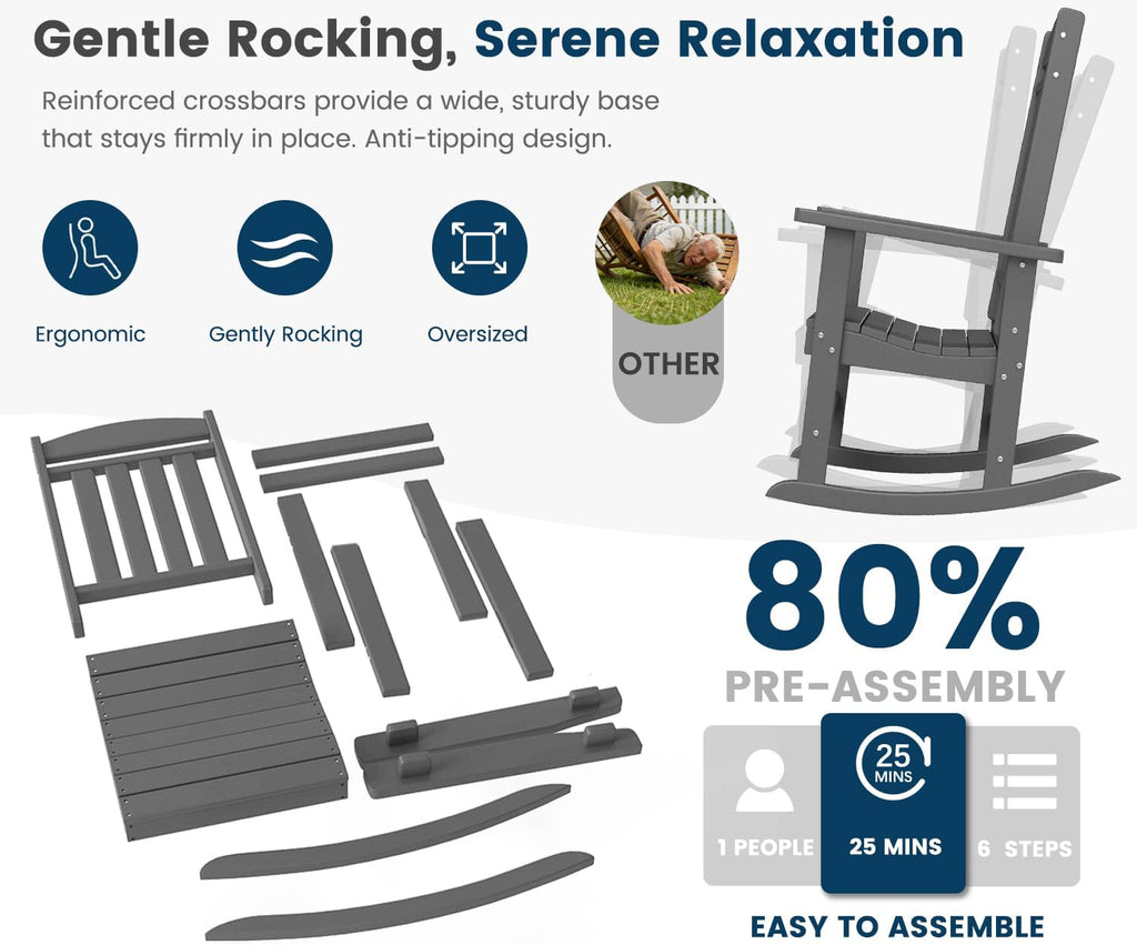 FOOWIN Outdoor Rocking Chair Set of 2, High Back Patio Rocking Chair, HDPE All Weather Resistant Porch Rocker for Adult, Oversized Rocking Chairs for Garden, Lawn, Indoor & Outdoor Use, Grey