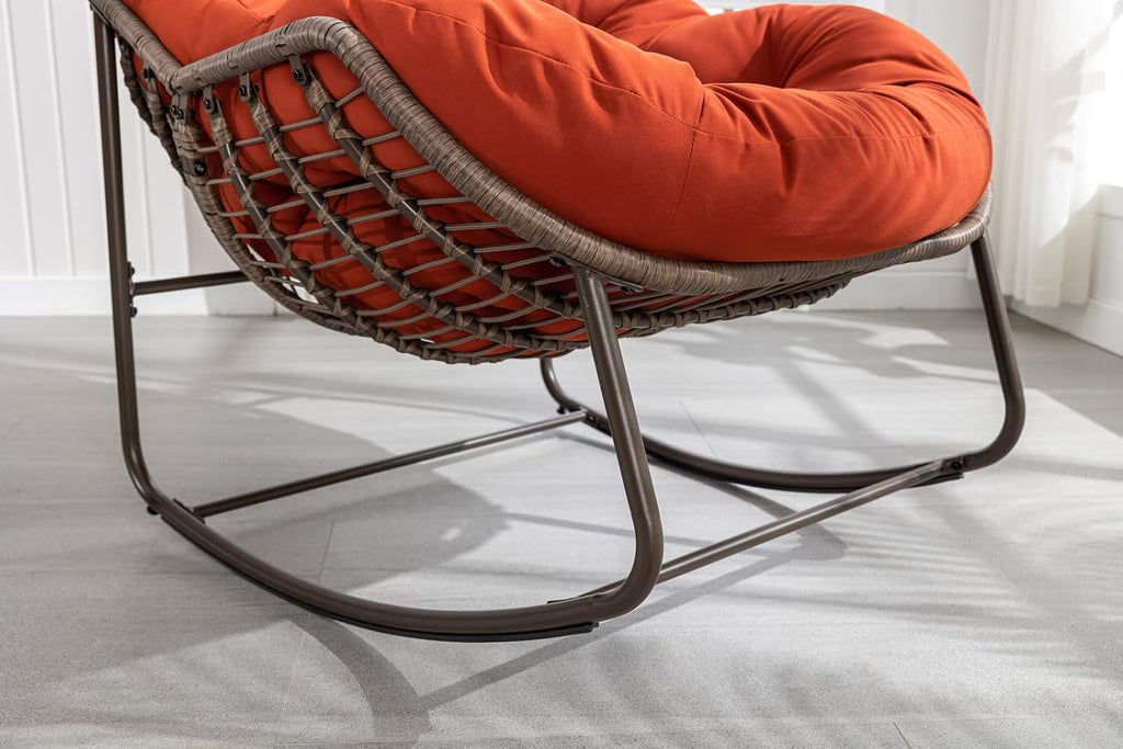 Outside Rattan Rocking Chair with Wicker Cushion, Oversized Lounge Papasan Chair, Outdoor Camping Chairs Patio Furniture for Garden, Balcony, Front Porch & Living Room, Orange