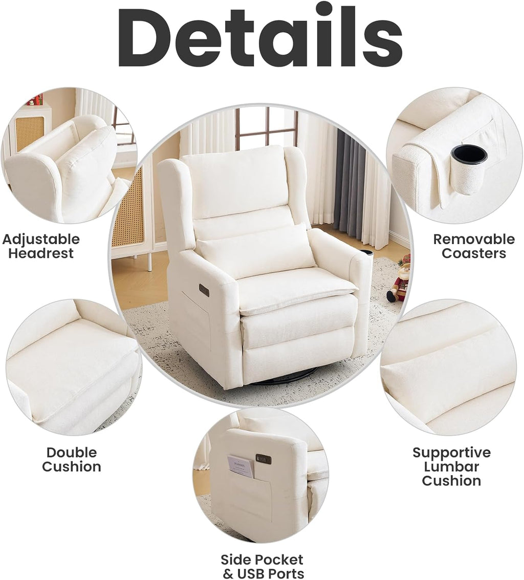 Power Recliner Chair Swivel Glider with Adjustable Headrest，Oversized Swivel Rocker Recliner with Lumbar Support, Upholstered Nursery Glider Recliner for Living Room,White