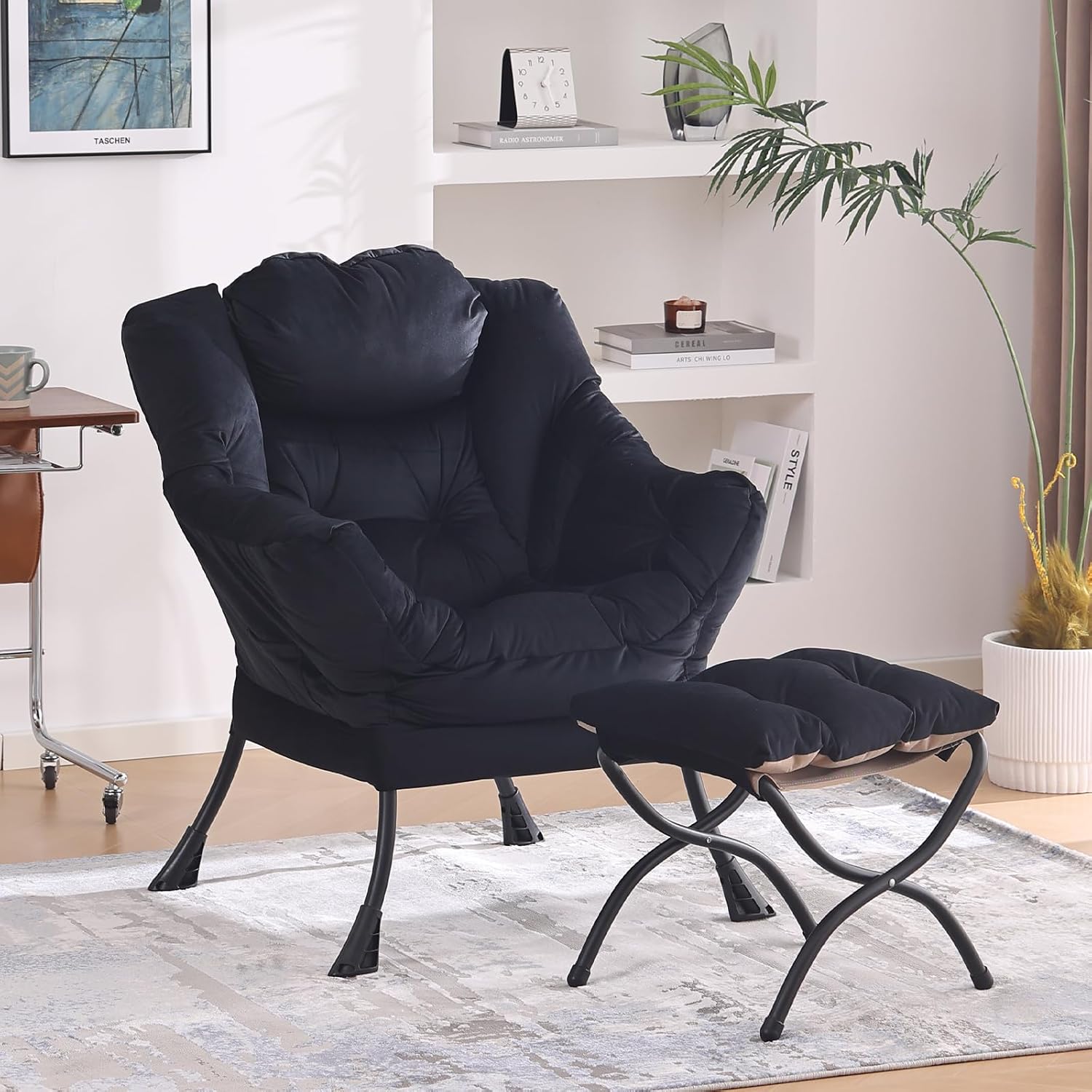 MBOOYOME Lazy Chair with Folding Ottoman, Modern Accent Lounge Armchair with Armrests, a Side Pocket & Foldable Footstool, Leisure Reading Chair for Living Room, Bedroom, Dorm & Office, Velvet Black