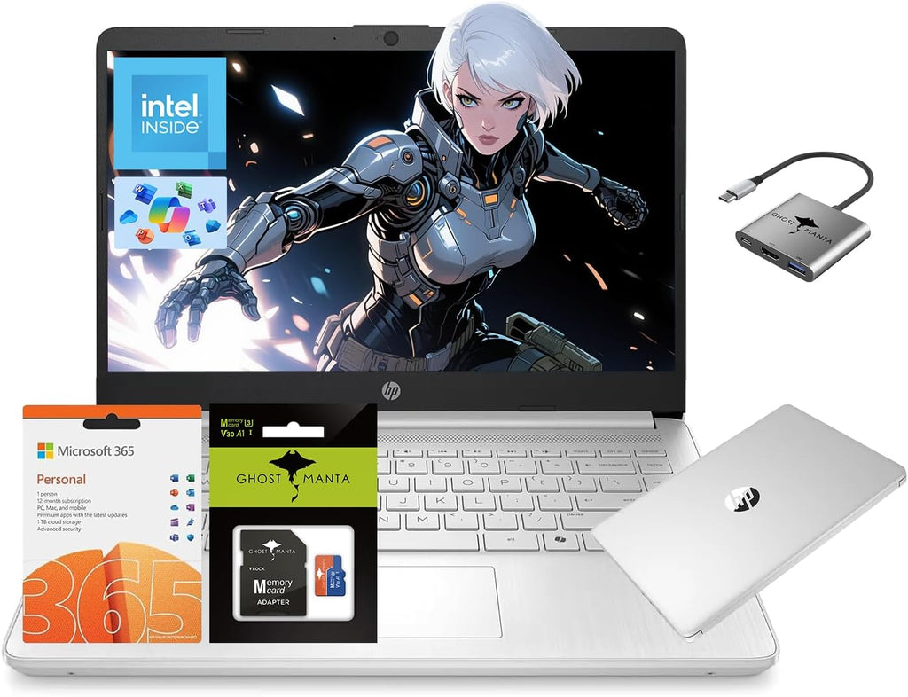 HP 14 Laptop, Quad-Core (Beat i3) 4GB RAM 256GB Storage(128GB UFS + 128GB SD Card) 1-Year Office 365 Copilot AI Computer for Student Study Back to School Win11 w/GM Accessory