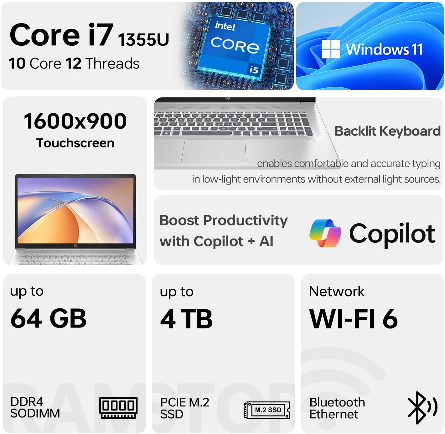 HP 17z Laptop, 17.3'' HD+ Touchscreen, Intel Core i7-1165G7 Processor, 16GB DDR4 RAM, 1TB PCIe NVMe SSD, Wi-Fi 6, Backlit Keyboard, HDMI, Windows 10 Home, Silver