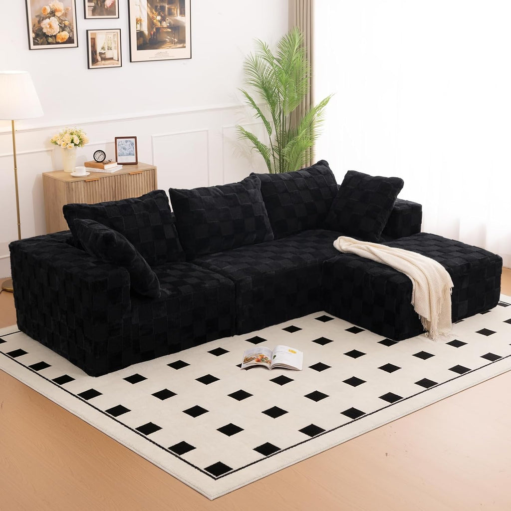 Modular Sectional Sofa, 108' L-Shaped Boneless Couch with Deep Seat, Corduroy Cloud Couch for Living Room, Bedroom, No Assembly Required, Ship in a Box, Checkered Black