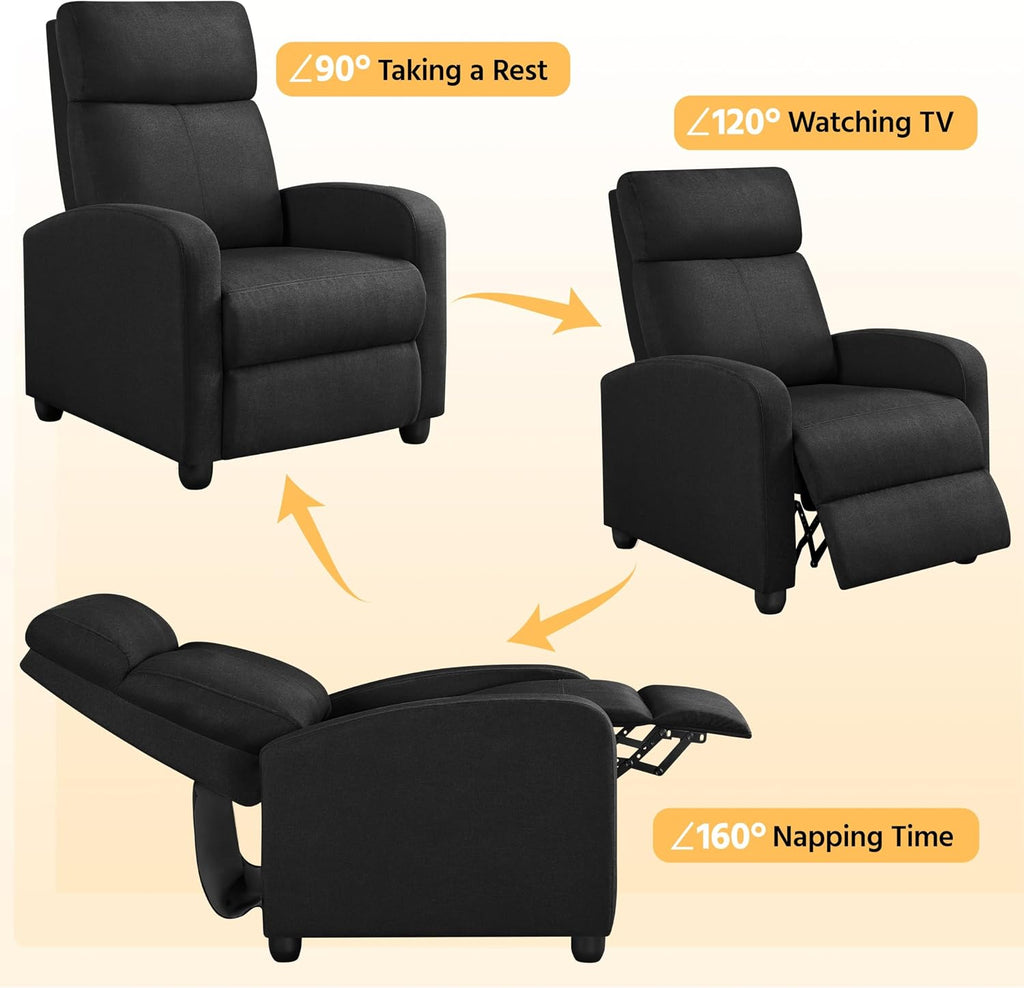 Yaheetech Recliner Chair Fabric Recliner Sofa Home Theater Seating with Lumbar Support Overstuffed High-Density Foam & Pocket Springs, Push Back Recliners Armchair for Living Room, Black