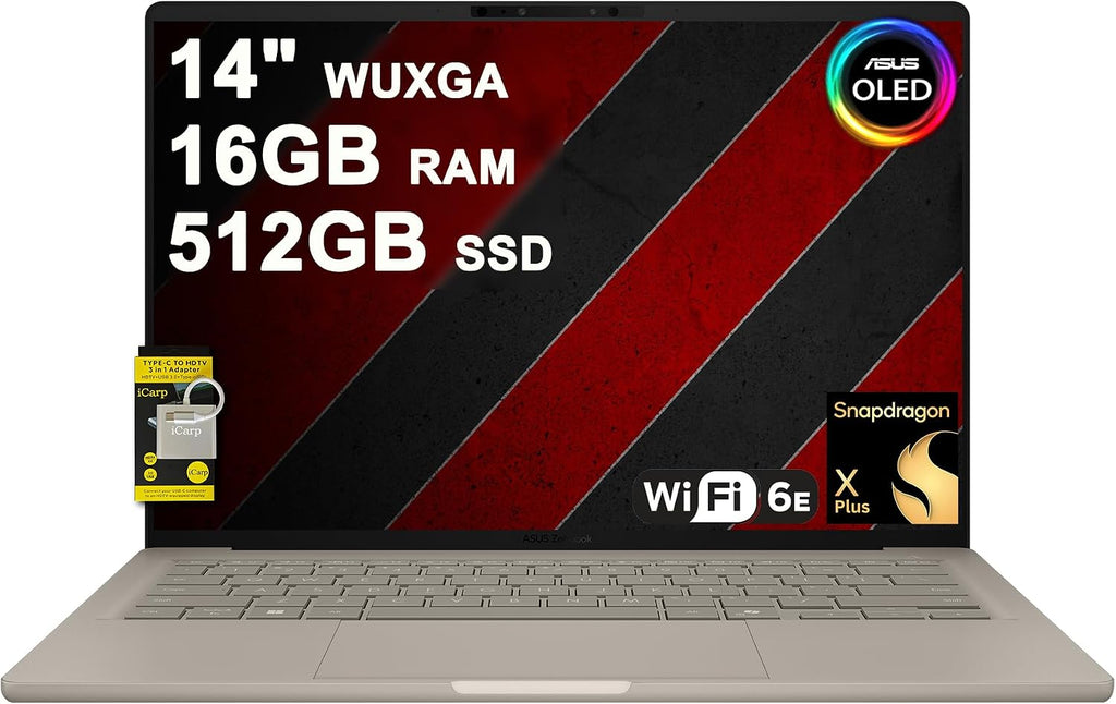 ASUS Zenbook A14 Laptop 14' WUXGA OLED (100% DCI-P3, 600nits HDR) Qualcomm 8-core Snapdragon X Plus (Up to 45 Tops) 16GB DDR5 512GB SSD for Creator Business Professional Win11 ICP Hub