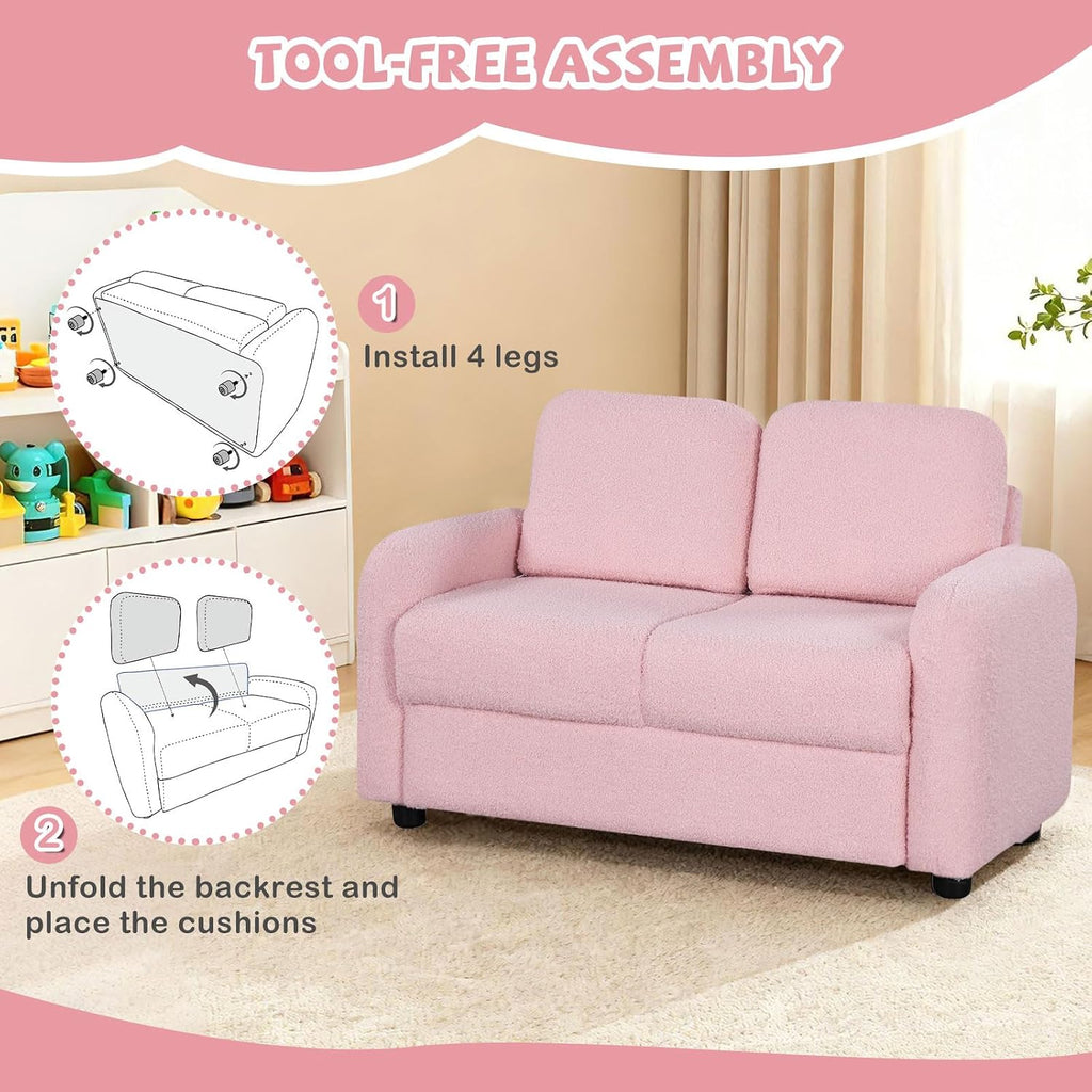 Costzon Kids Couch, 2 Seat Toddler Armrest Chair w/Teddy Fleece Upholstery & Solid Wooden Frame, Double Seat Children's Sofa for Preschool, Bedroom, Playroom, Daycare, Ideal Gift for Girls Boys