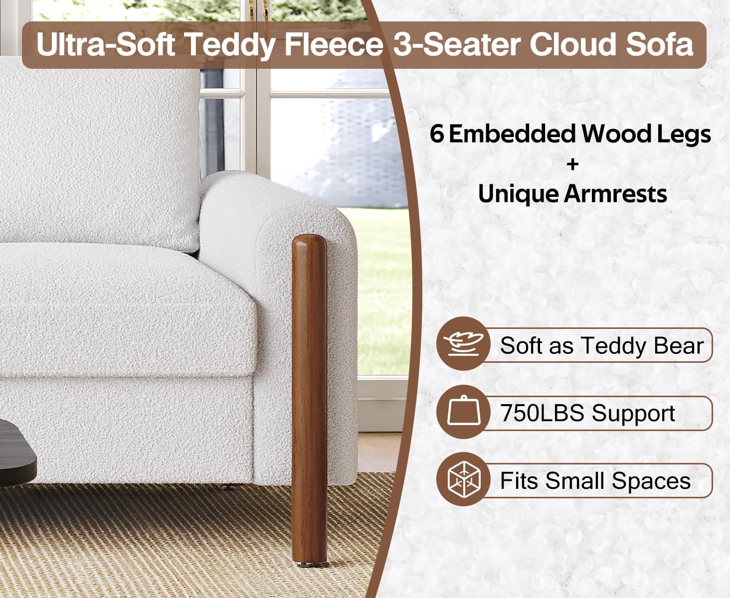 Christopher Knight Home Yadil Teddy Fleece Upholstered 3 Seater Sofa Couch, Wooden Home Sofa Living Room, Comfy Cloud Couch for Bedroom, Home Office, Cream White