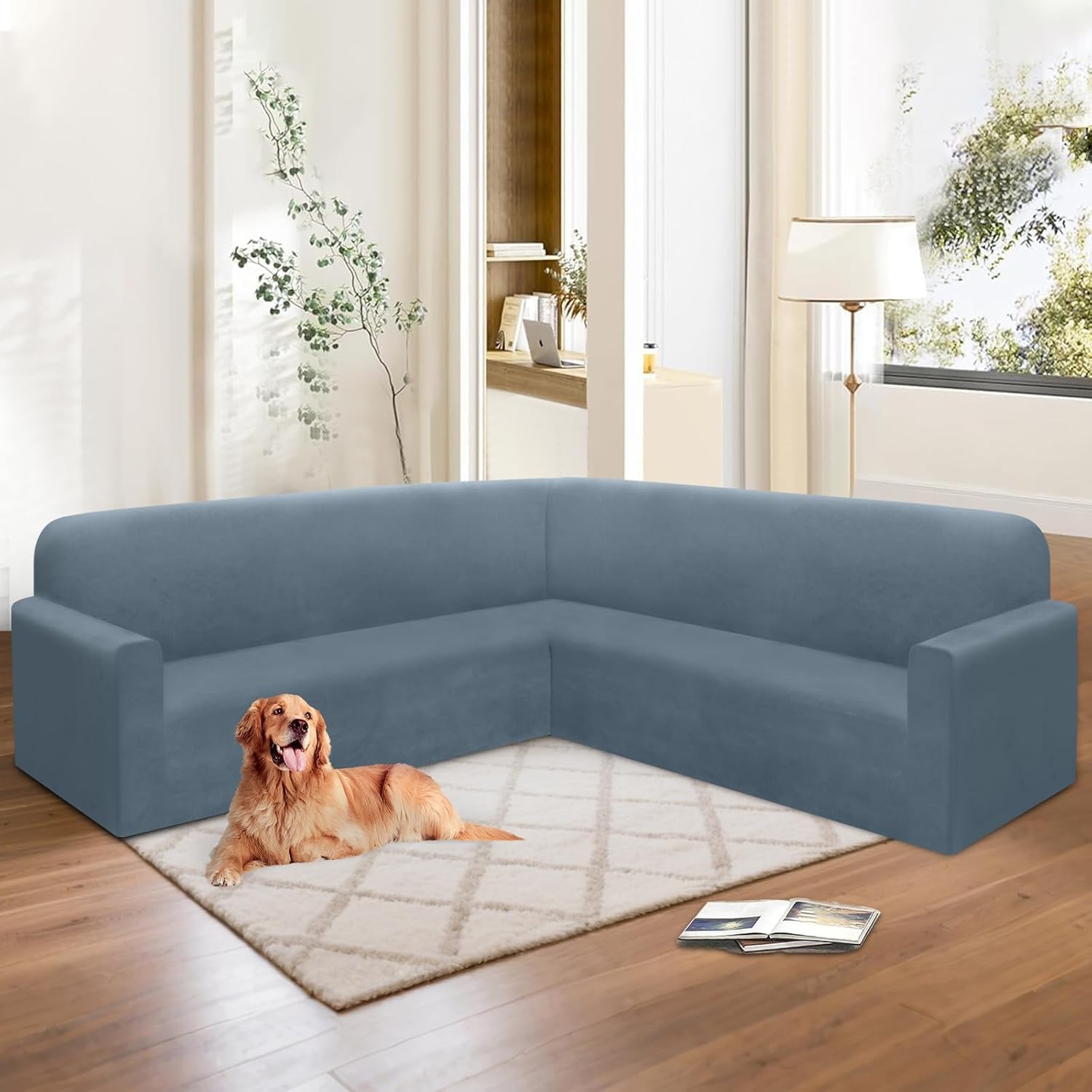 HDCAXKJ Corner Sectional Couch Covers Velvet Stretch L Shape Sofa Cover Soft Thick Sectional Slipcovers Set U Shaped Living Room Non Slip Magic Furniture Protector for Pet Dogs (Blue Gray, Small)