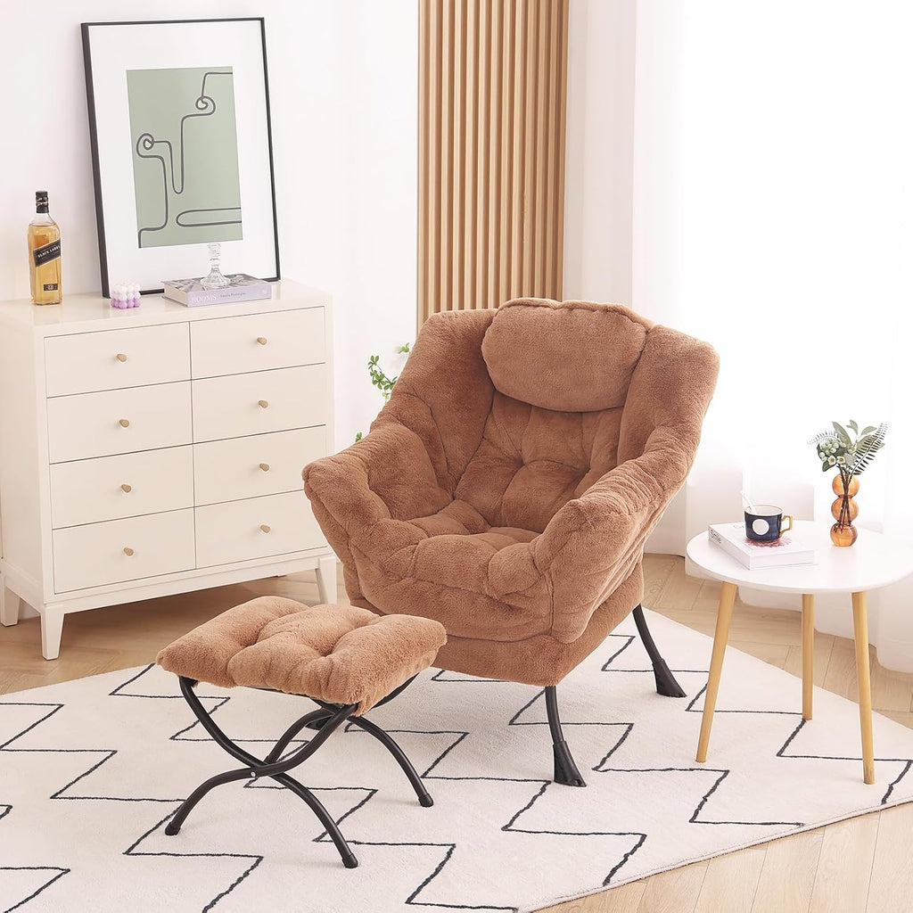 MBOOYOME Lazy Chair with Ottoman, Modern Accent Lounge Armchair with Side Pocket & Foldable Footstool, Leisure Reading Chair for Living Room, Bedroom, Dorm & Office, Plush Brown