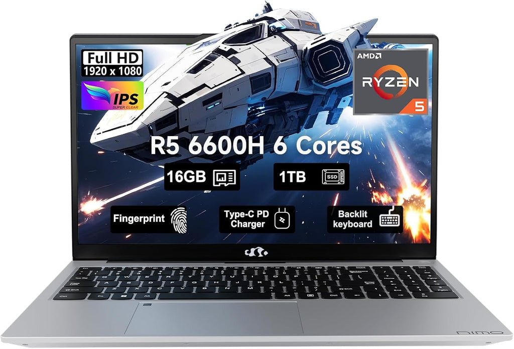 NIMO 15.6 FHD-Business-Gaming-Laptop, 6-Cores 660M GPU, AMD Ryzen 5 6600H 16GB DDR5 1TB SSD (Beat i7-1165G7, Up to 4.5GHz) IPS Laptop Computer with 100W Type C Fingerprint Backlit Keyboard