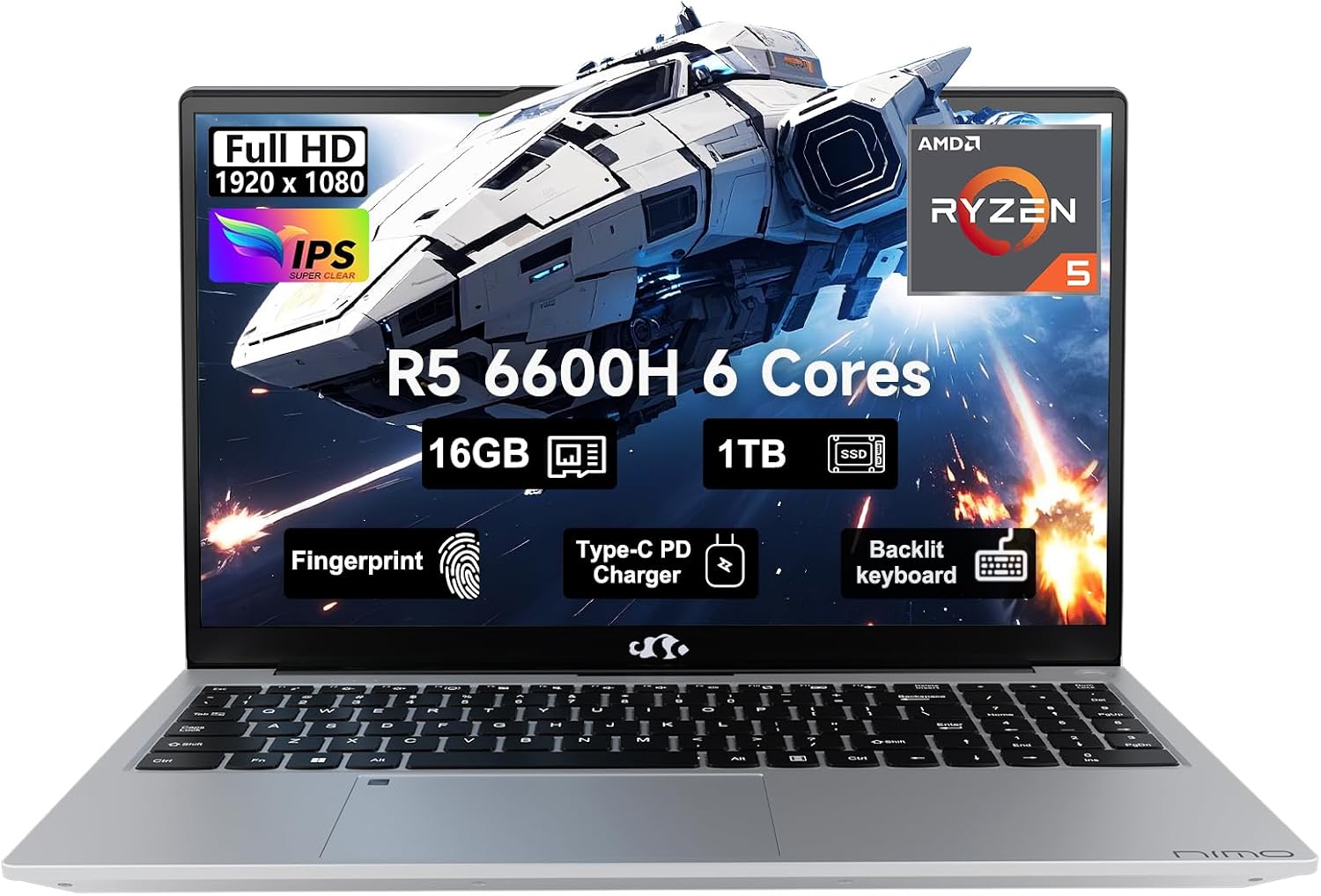 NIMO 15.6 FHD-Business-Gaming-Laptop, 6-Cores 660M GPU, AMD Ryzen 5 6600H 16GB DDR5 1TB SSD (Beat i7-1165G7, Up to 4.5GHz) IPS Laptop Computer with 100W Type C Fingerprint Backlit Keyboard
