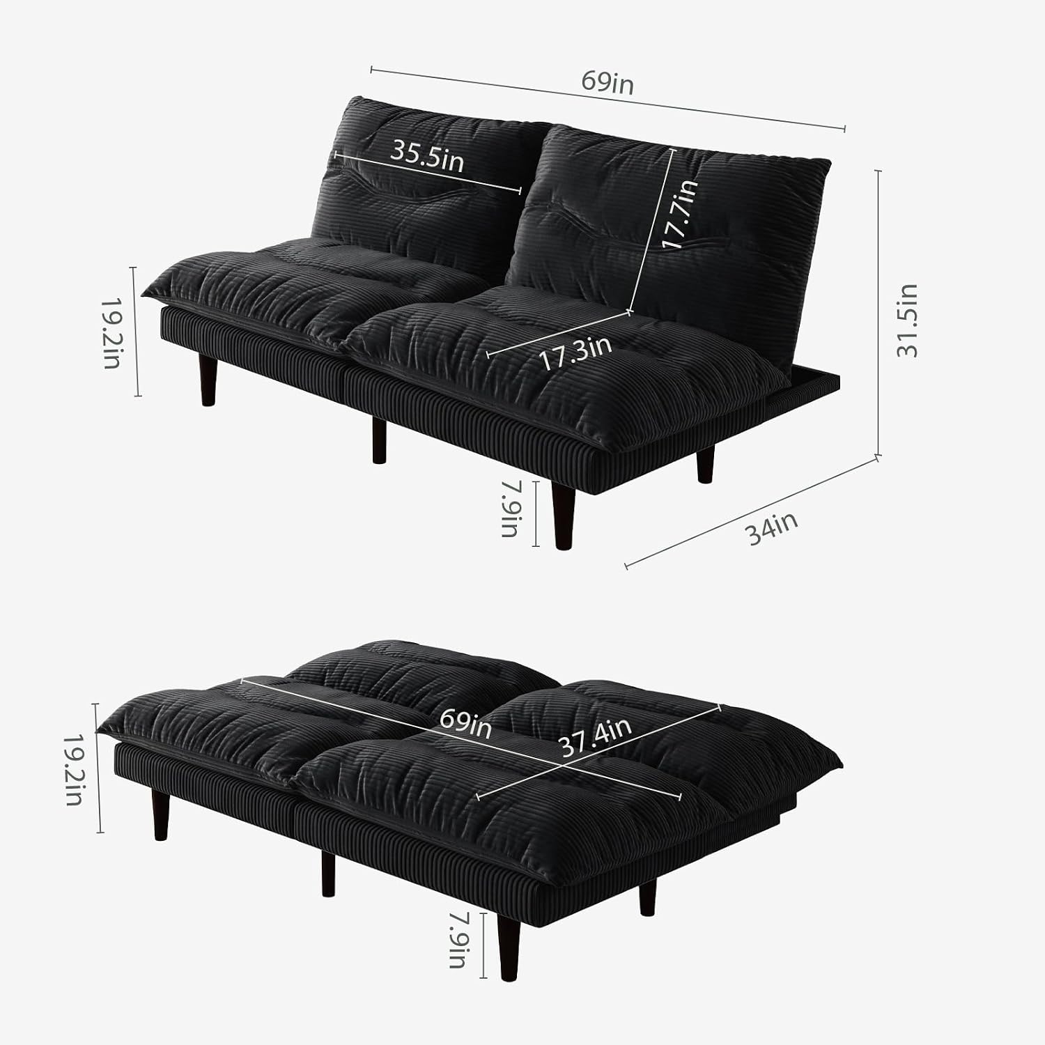 DreamDashio Futon Sofa Bed, 69 inch Futon Couch with Adjustable Backrest, Corduroy Convertible Sleeper Sofa Bed, Folding Sleeper Recliner for Apartment, Living Room, Office, Black