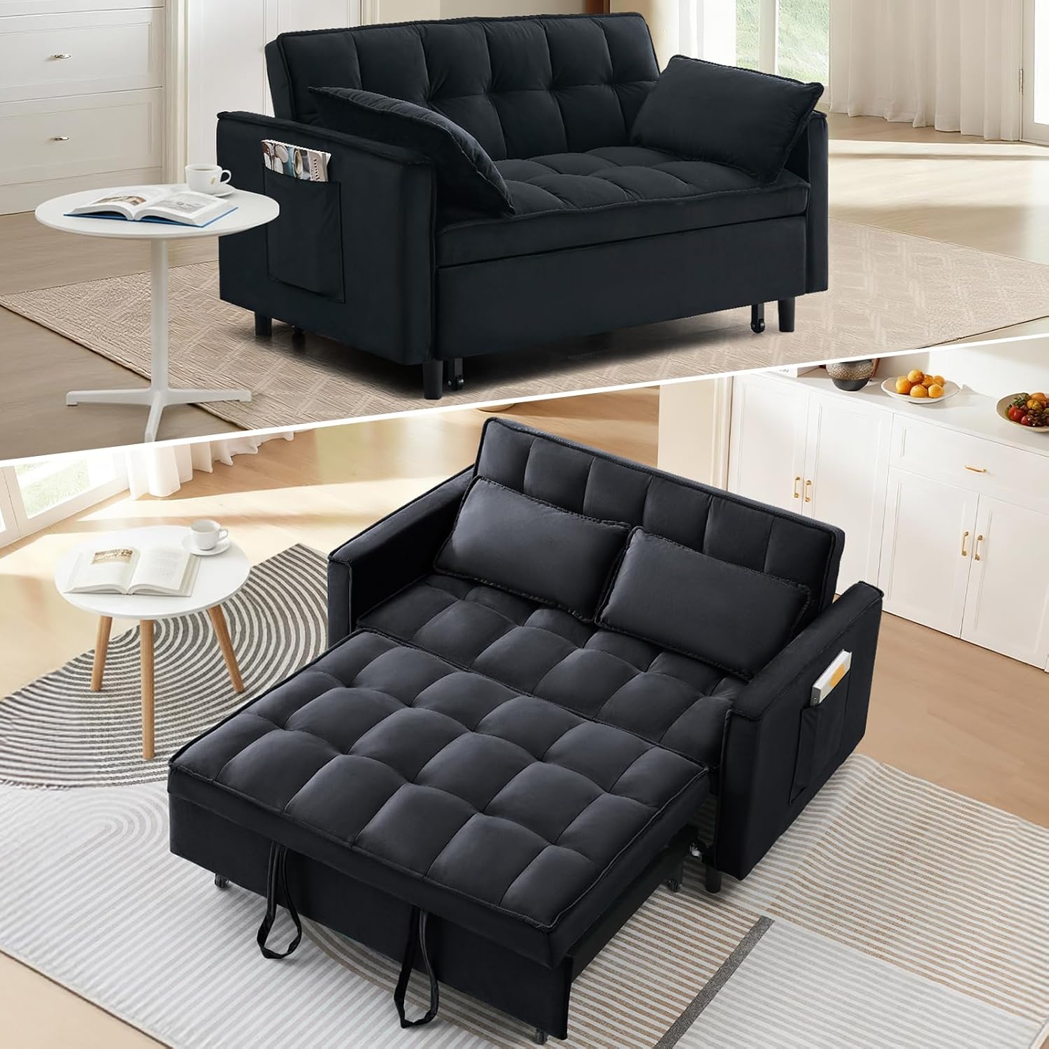 CAPCAEK 3 in 1 Convertible Sleeper Sofa Bed, Modern Velvet Loveseat Pull-Out Couch w/Pullout Bed, Small Love Seat Lounge Sofa w/Reclining Backrest,Toss Pillows, Pockets, for Living Room(Black, 55.1)