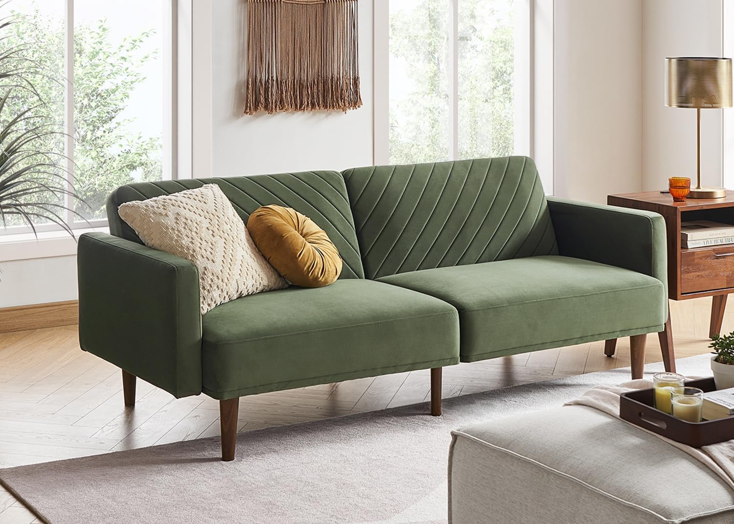 mopio 76.4' Futon Sofa Bed, Couch, Loveseat, Sleeper Sofa, Mid Century Modern Futon Couch, Sofa Cama, Couches for Living Room (Olive Green Premium Velvet)