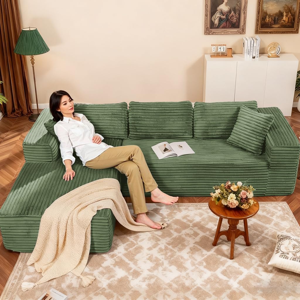COMHOMA 105'Modular Sectional Sofa with Deep Seat,Cloud Upholstered L-Shape Couch Wide Arms Corduroy Fabric High-Density Foam Chaise Lounge for Living Room No Assembly Required
