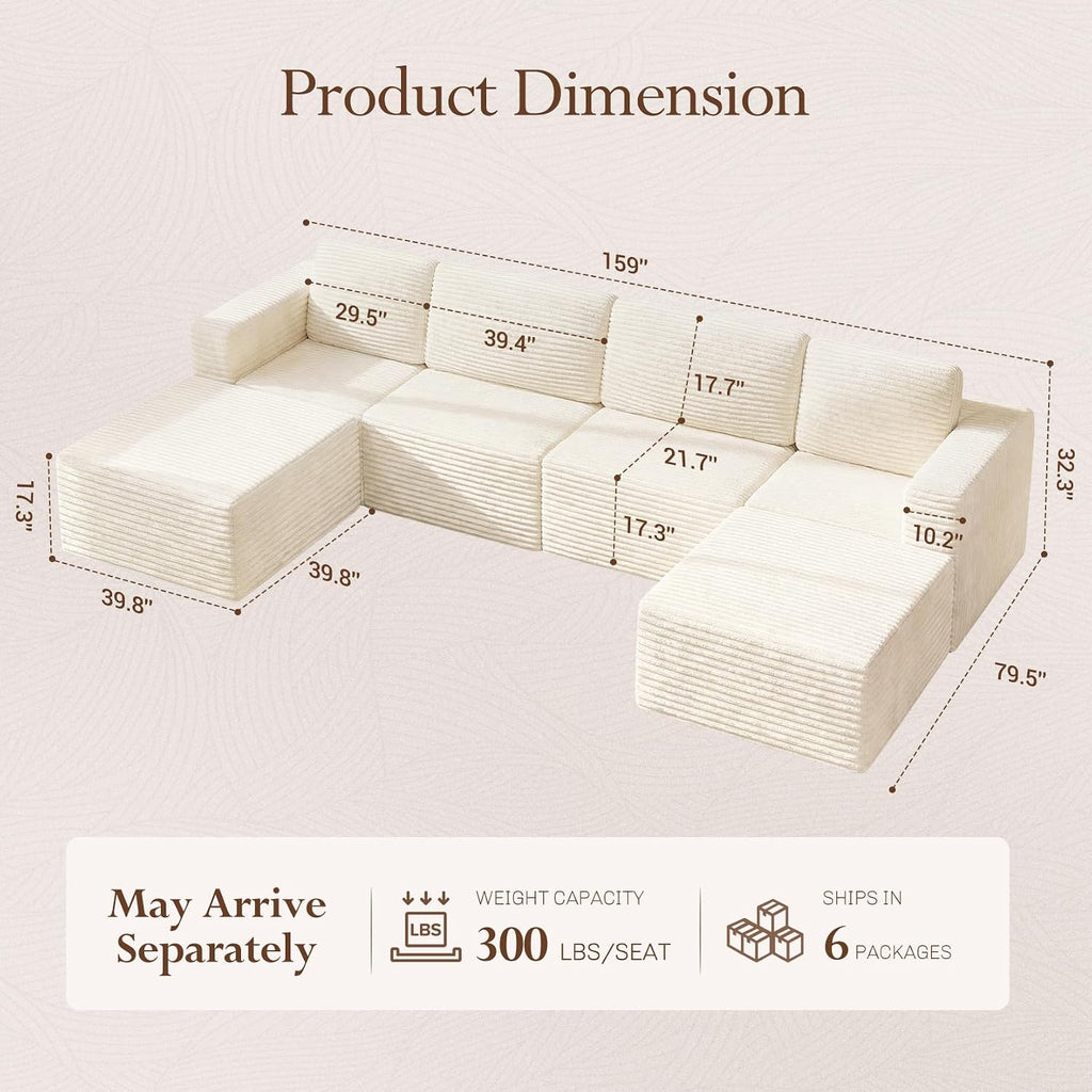Vesgantti 159' Large Modular Sectional Sofa, U-Shaped Corduroy Cloud Couch with Deep Seats & Spring Support, 4-Seater Boneless Sofa with 2 Movable Ottomans, No Assembly Needed, Beige