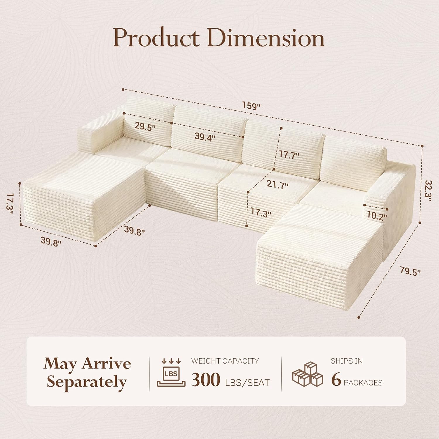 Vesgantti 159' Large Modular Sectional Sofa, U-Shaped Corduroy Cloud Couch with Deep Seats & Spring Support, 4-Seater Boneless Sofa with 2 Movable Ottomans, No Assembly Needed, Beige