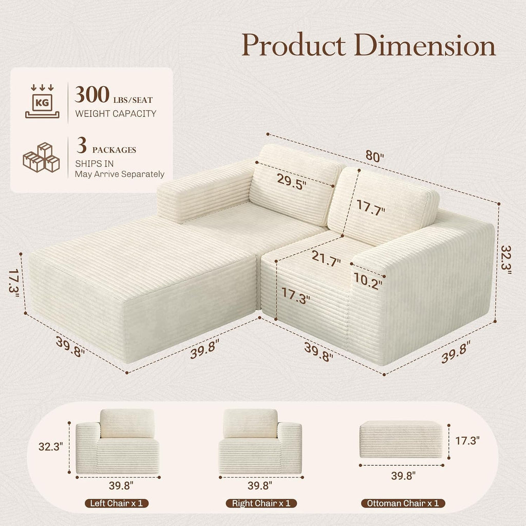 Vesgantti 80' Modular Sectional Sofa, Corduroy Cloud Couch with Deep Seats & Spring Support, Compact 2 Seater Boneless Couch, L-Shaped Modular Sofa for Small Spaces, Apartments, No Assembly, Beige