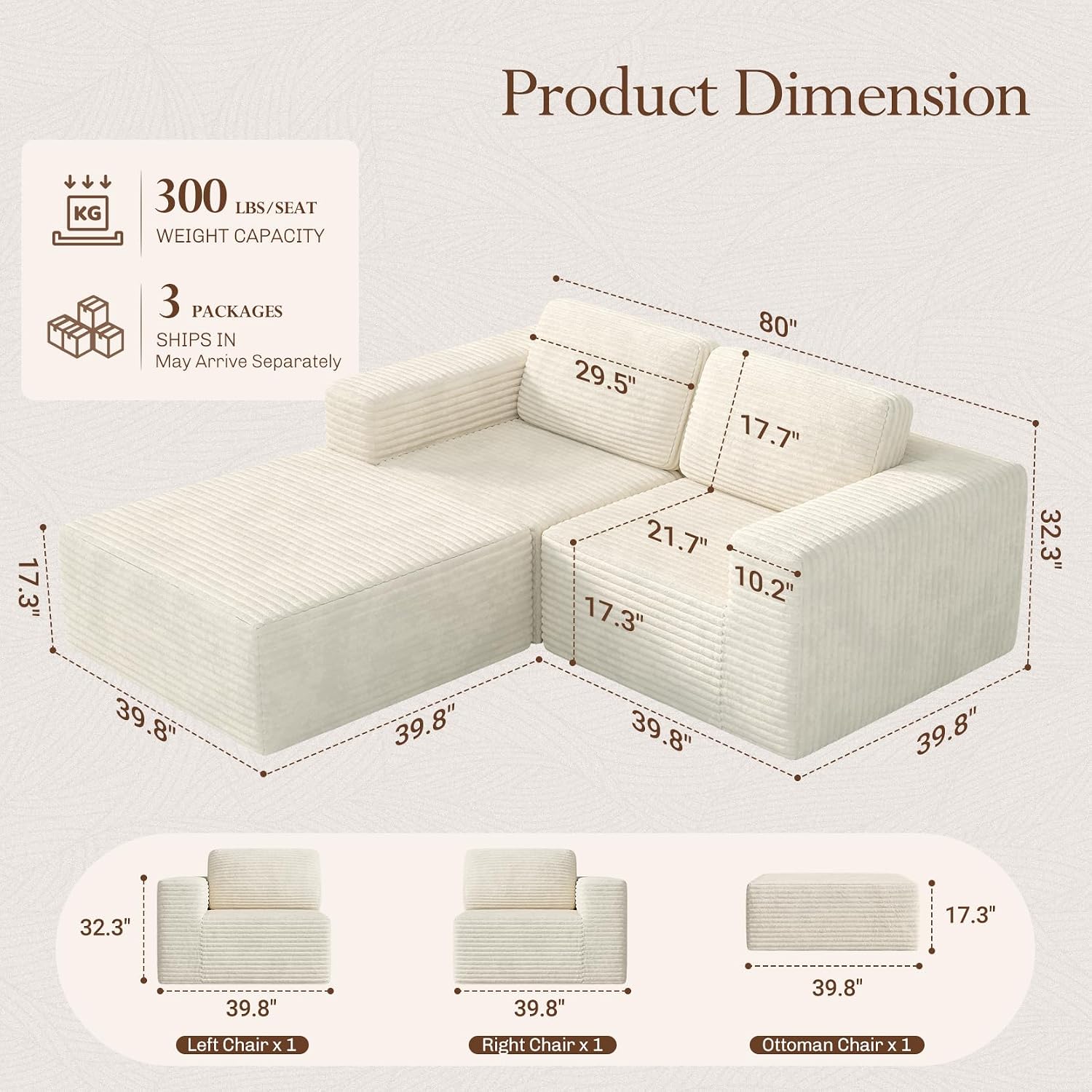 Vesgantti 80' Modular Sectional Sofa, Corduroy Cloud Couch with Deep Seats & Spring Support, Compact 2 Seater Boneless Couch, L-Shaped Modular Sofa for Small Spaces, Apartments, No Assembly, Beige