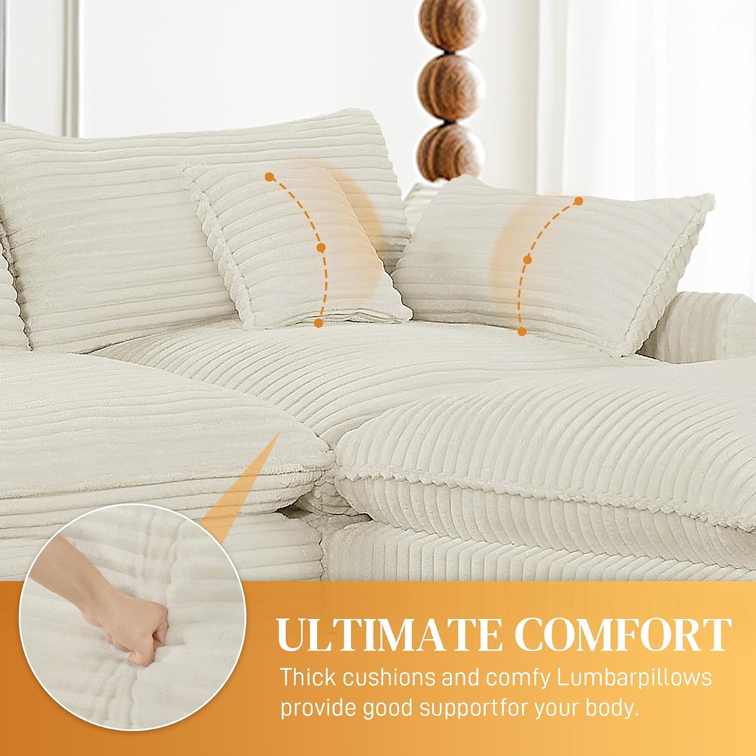 145'' U-Shaped Cloud Sofa, Beige Modular Sofa Suitable for Living Rooms Extra Large Comfortable and Fluffy Corduroy Sofa and Features USB Ports and Storage Ideal for Pet-Owning Families with Children